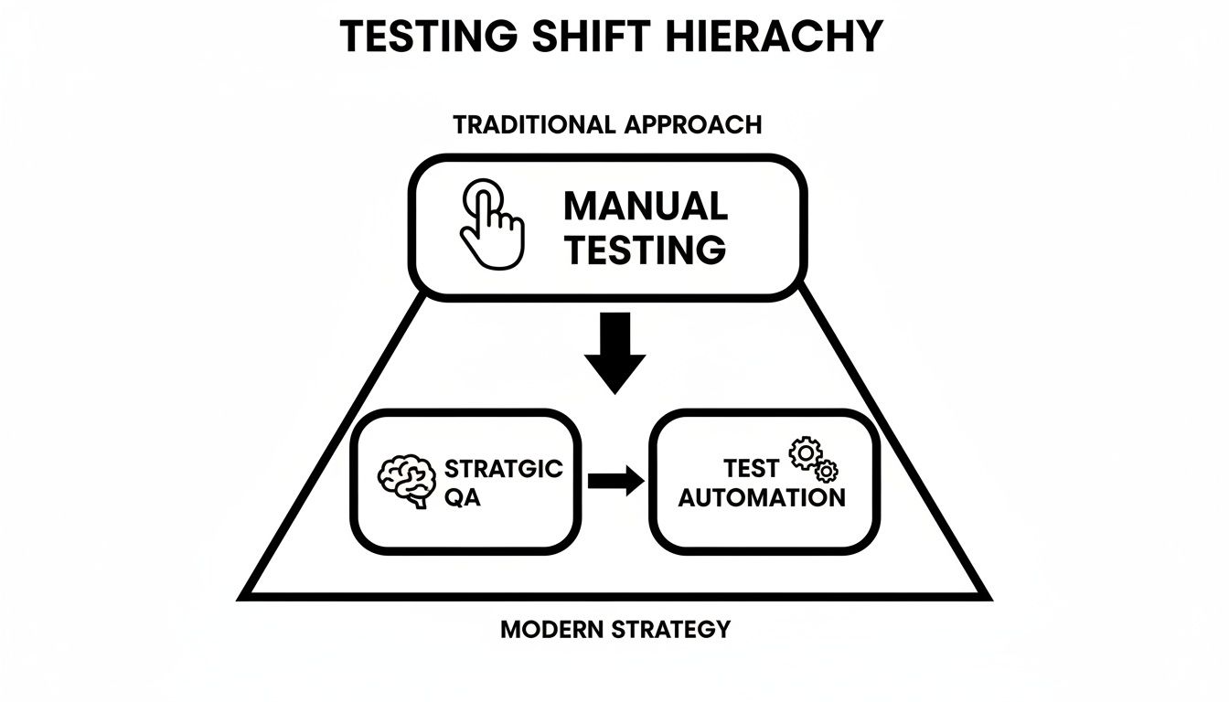 Diagram illustrating the testing shift hierarchy from traditional manual testing to modern strategic QA and test automation.