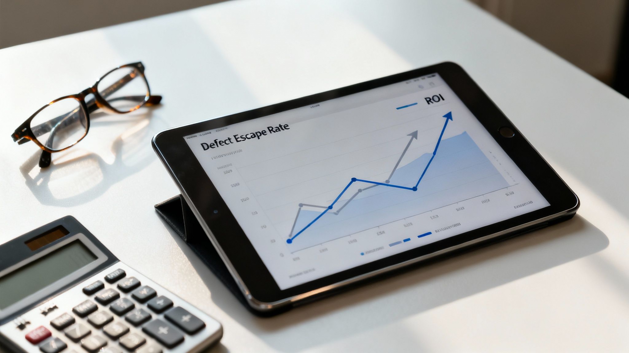 A tablet shows 'Defect Escape Rate' and 'ROI' graphs on a white desk with glasses and a calculator.