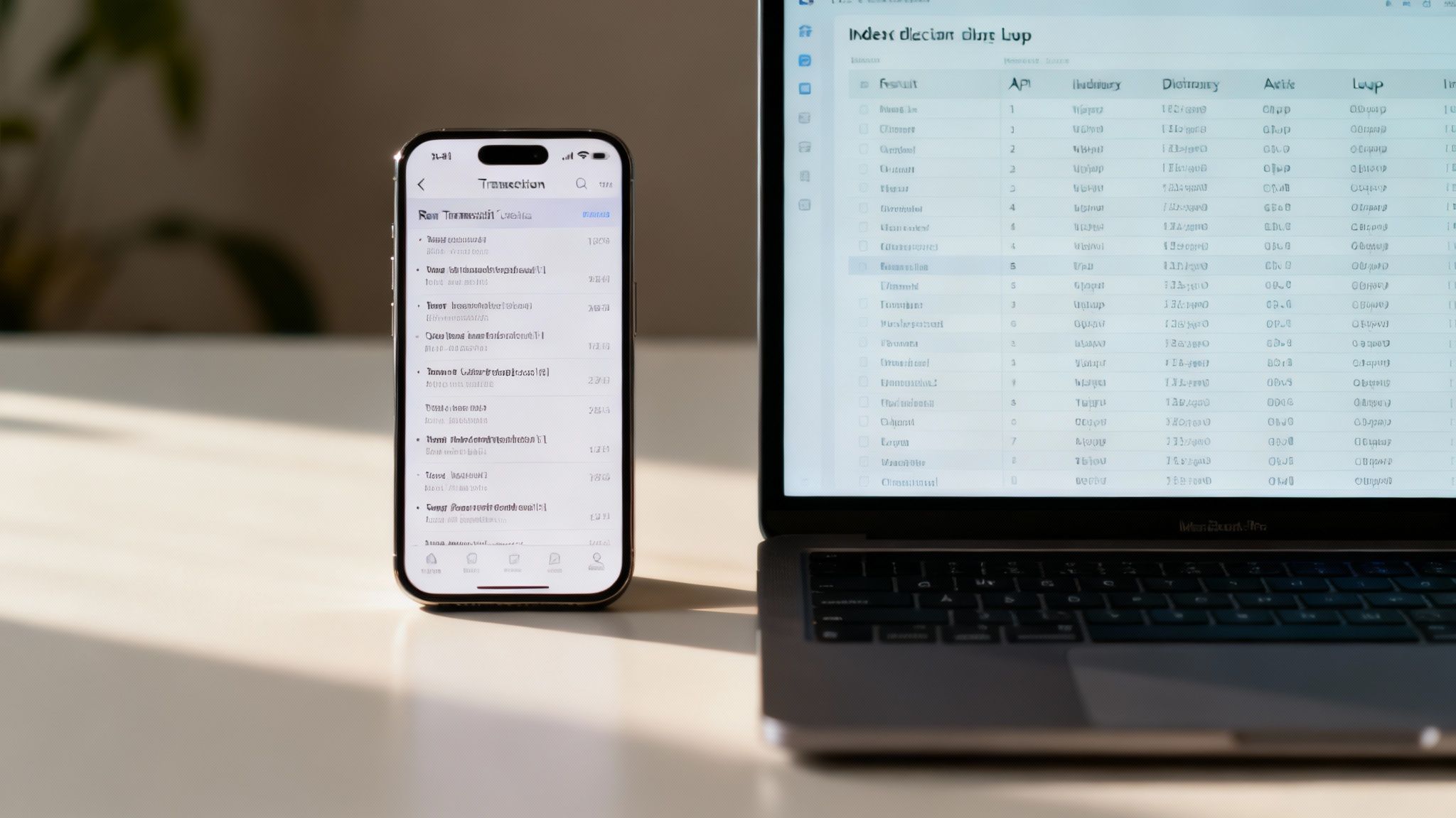 A smartphone displaying a transaction list next to a laptop showing data tables.