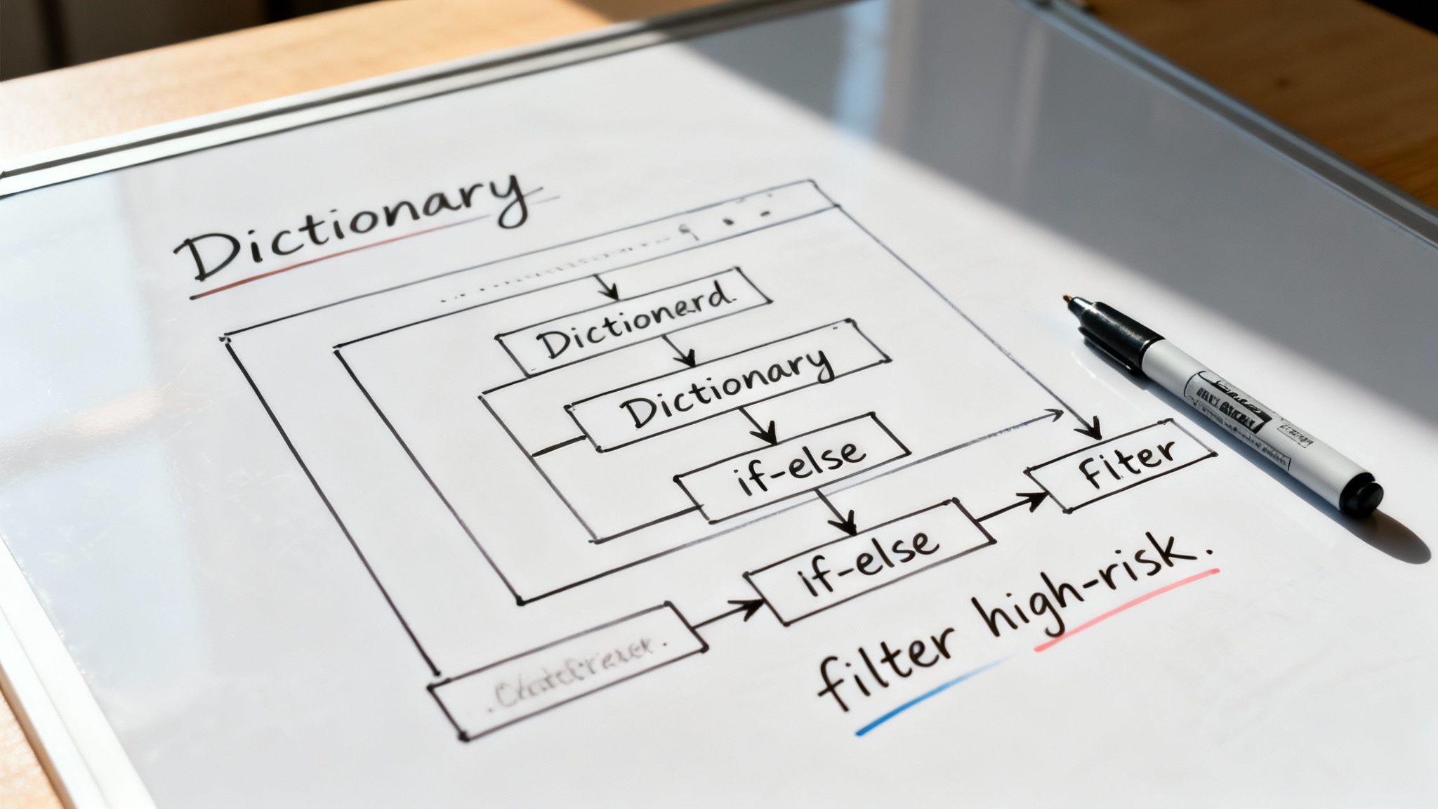 A whiteboard shows a handwritten flowchart diagram illustrating a 'Dictionary' process, including 'if-else' logic and 'filter high-risk'.