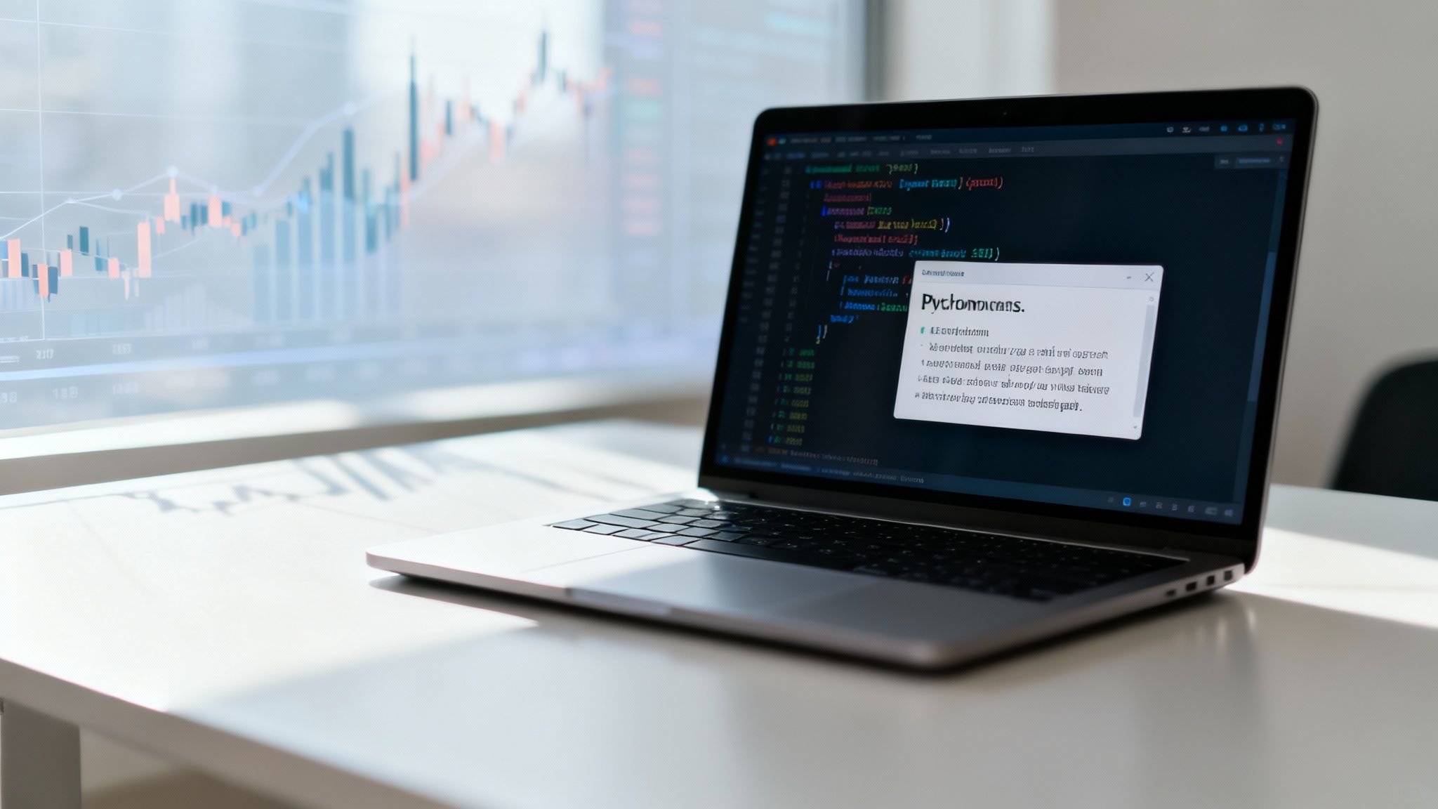 Laptop displaying Python code and a pop-up, with financial charts in the background.