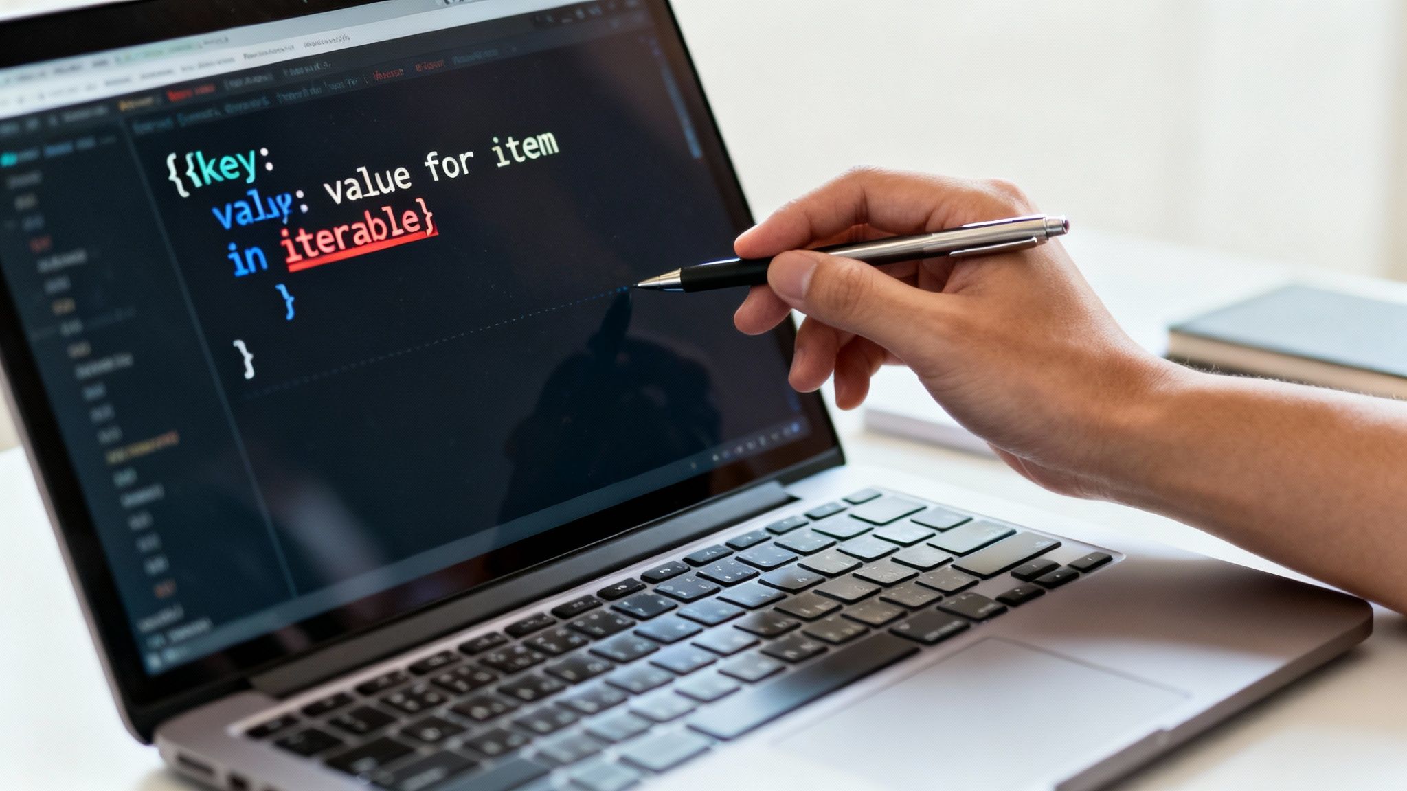 A hand points a pen at a laptop screen displaying Python dictionary comprehension code.