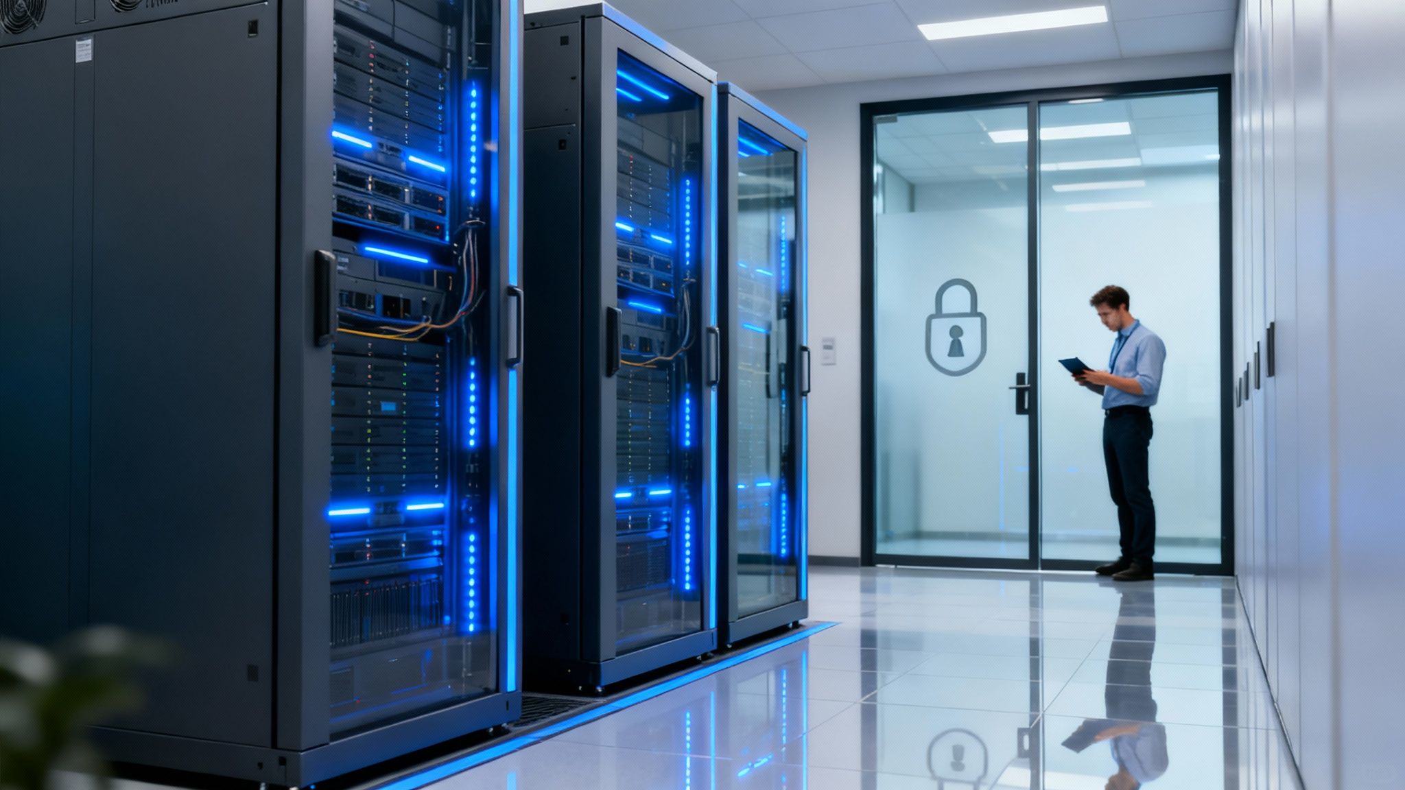 IT engineer checks a tablet in a modern, secure data center with glowing server racks.