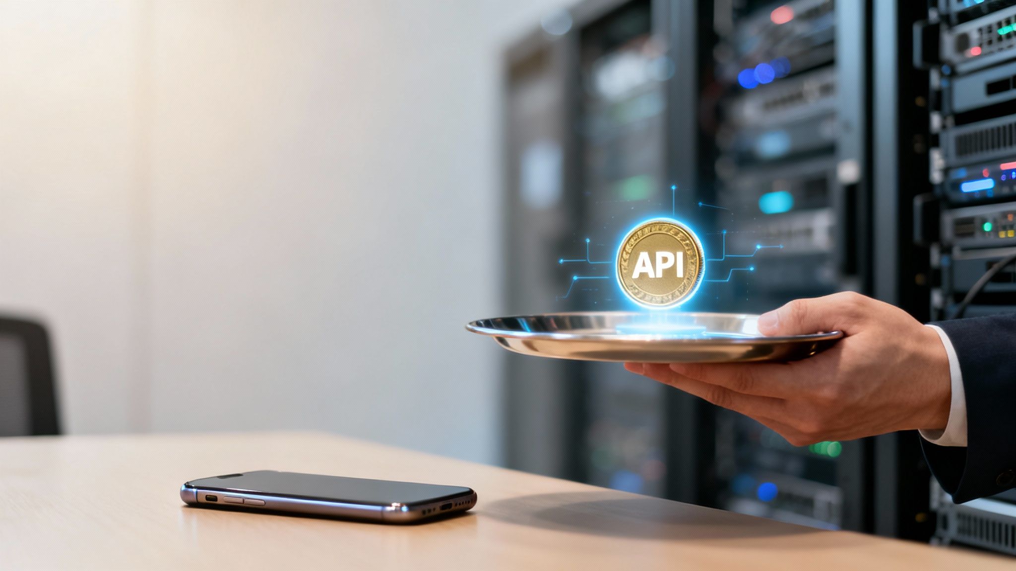 A hand in a suit presents a glowing API coin on a tray in a data server room, with a smartphone on the table.