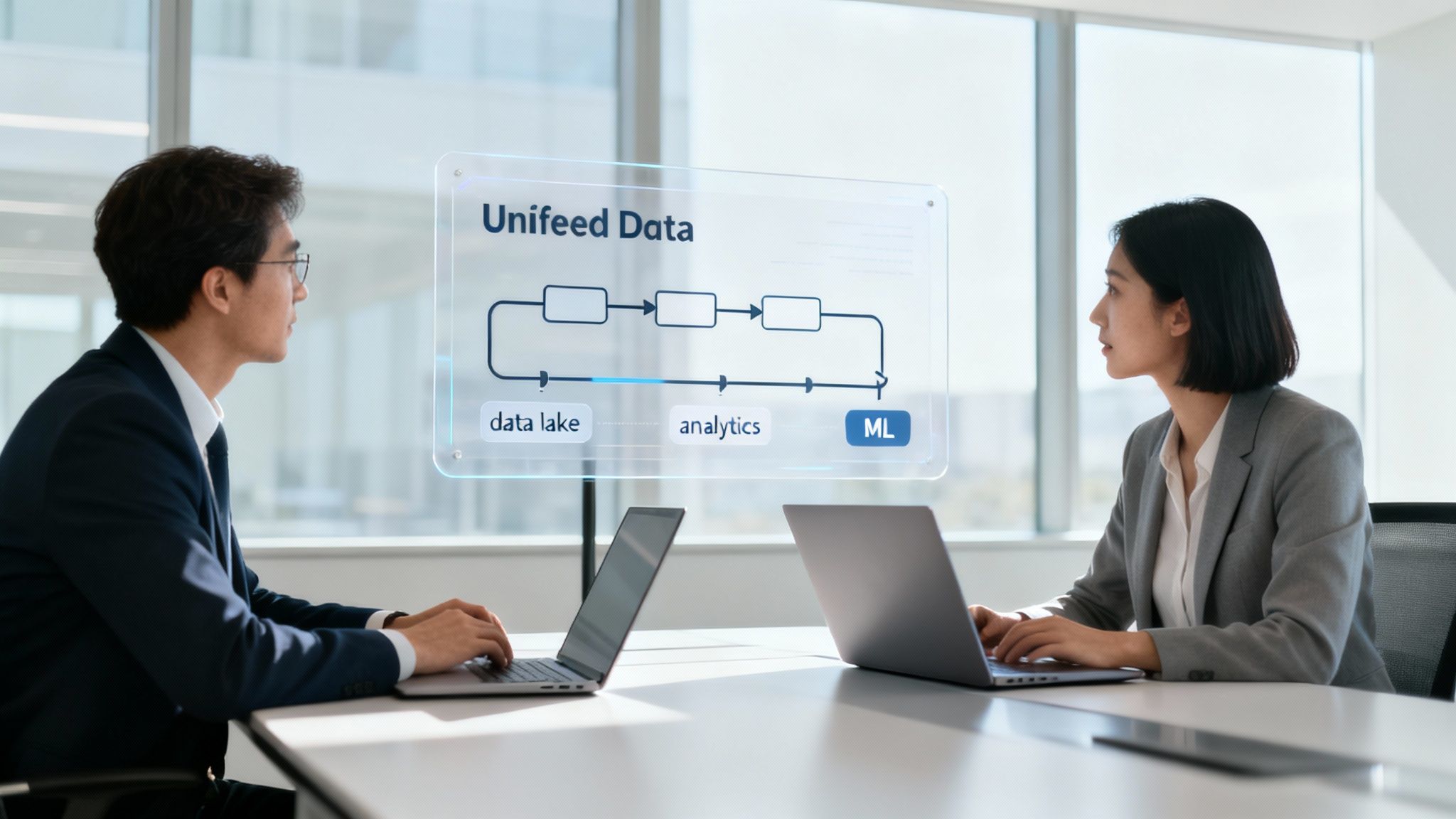 Two business professionals work on laptops while viewing a holographic 'Unifeed Data' display showing data workflow stages.