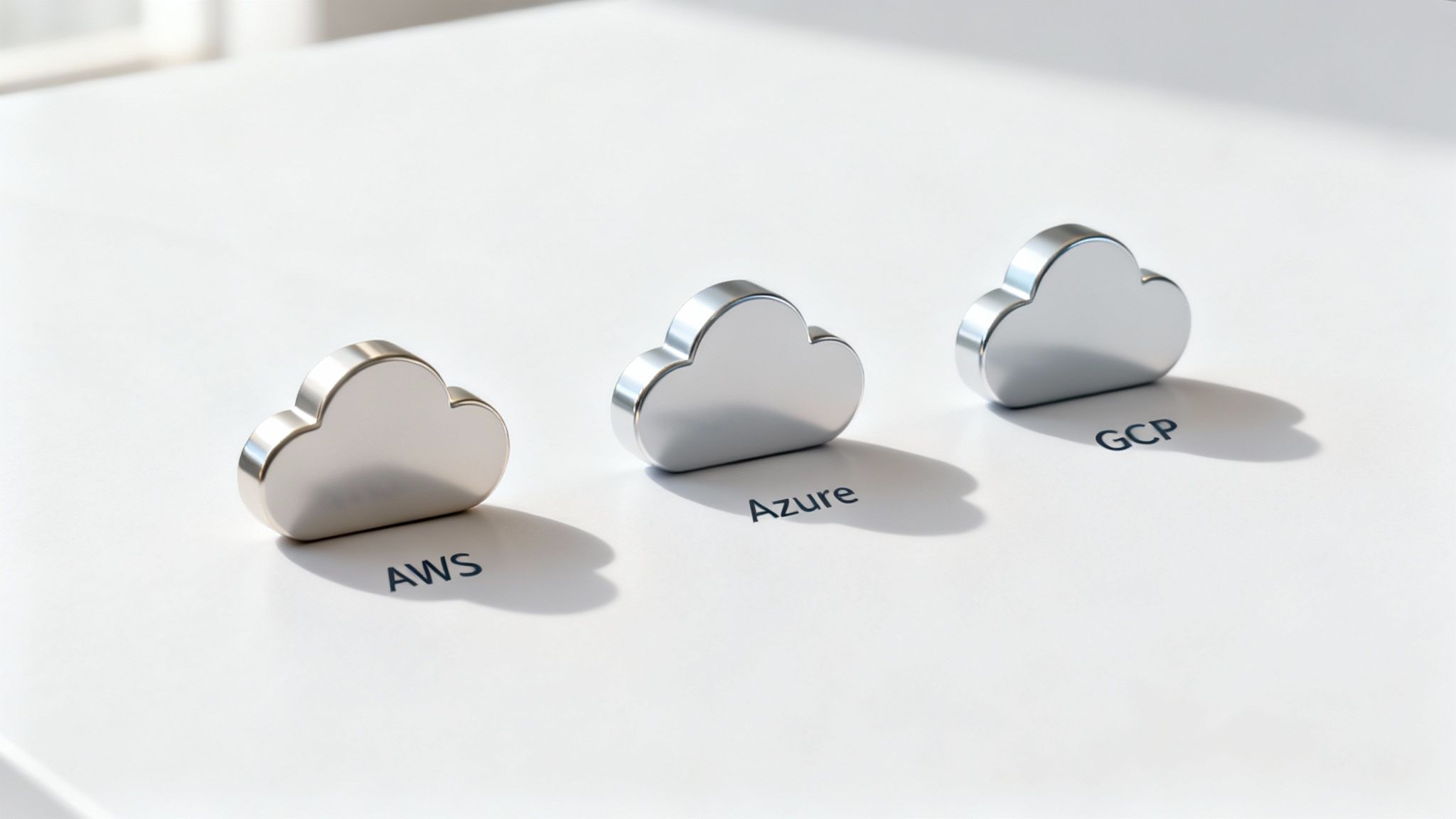 Three metallic cloud icons with labels AWS, Azure, and GCP, representing multi-cloud services.