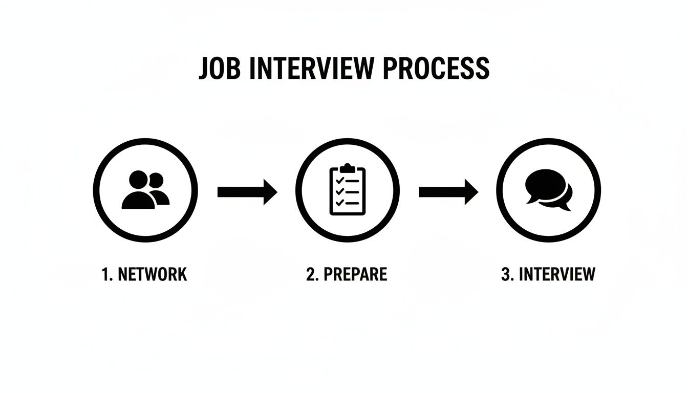A simple flowchart illustrating the three key steps of the job interview process: network, prepare, and interview.
