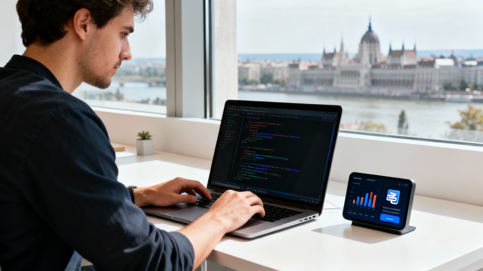 A developer works on a laptop, coding, with a secondary display showing data, overlooking the Budapest Parliament.