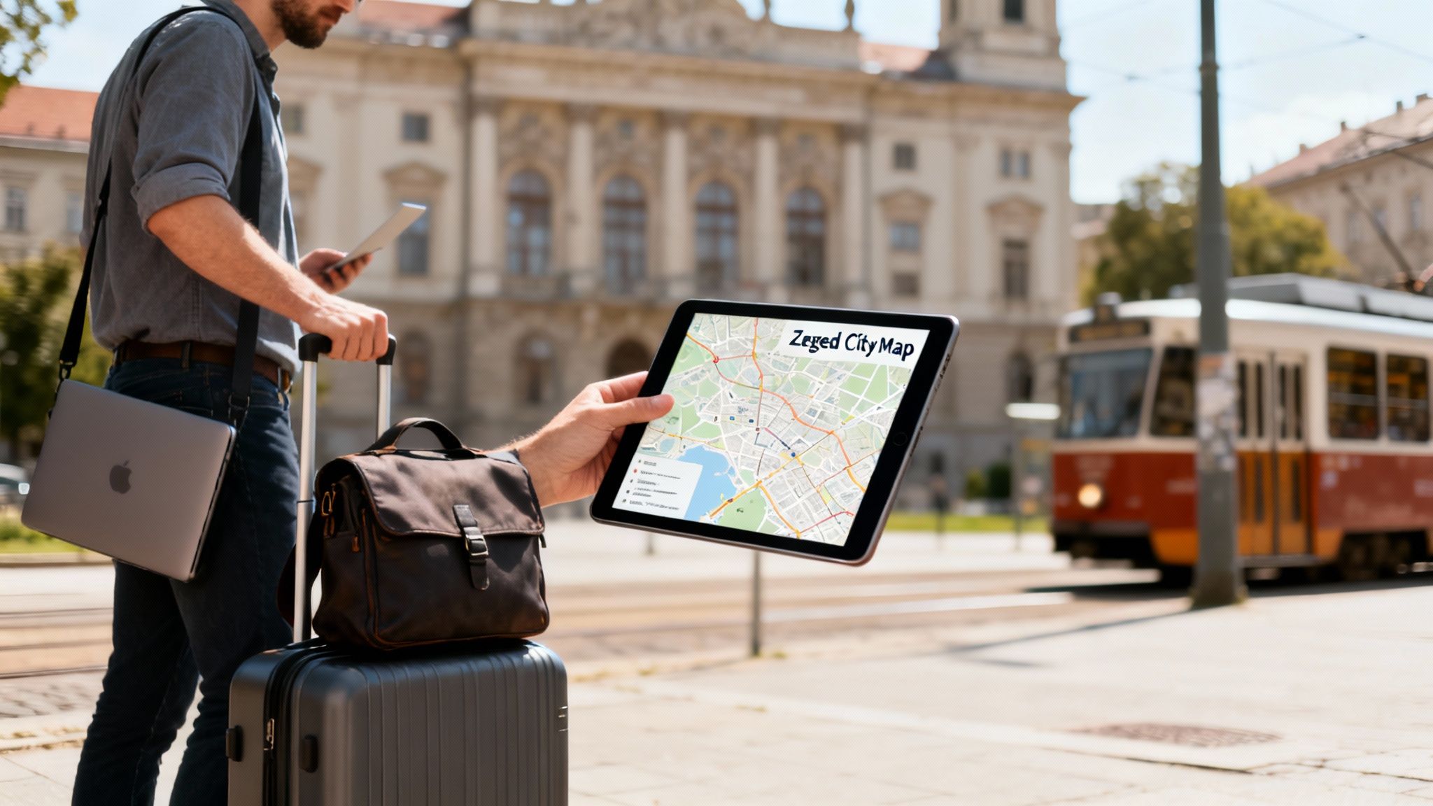 A traveler with luggage holds a tablet displaying a 'Szeged City Map' with a tram in the background.