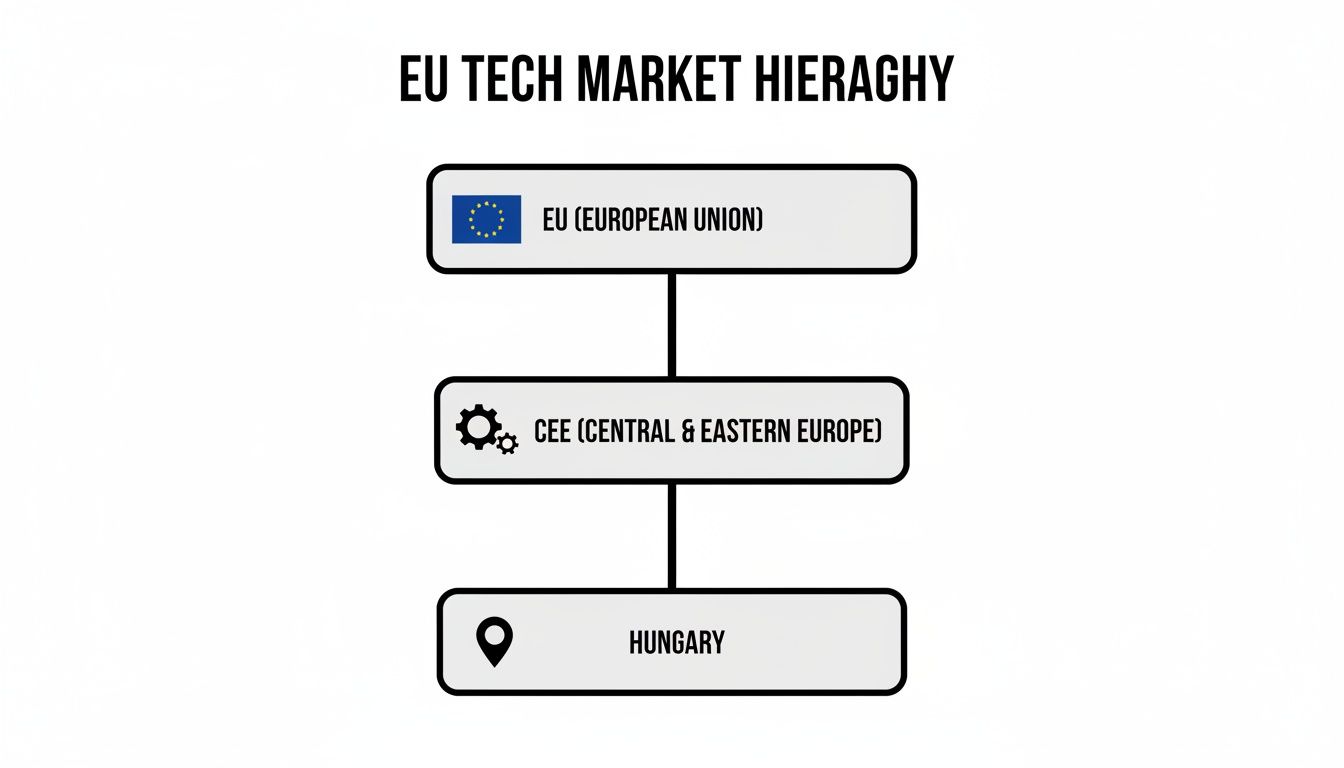EU Tech Market Hierarchy diagram showing EU, CEE (Central & Eastern Europe), and Hungary.