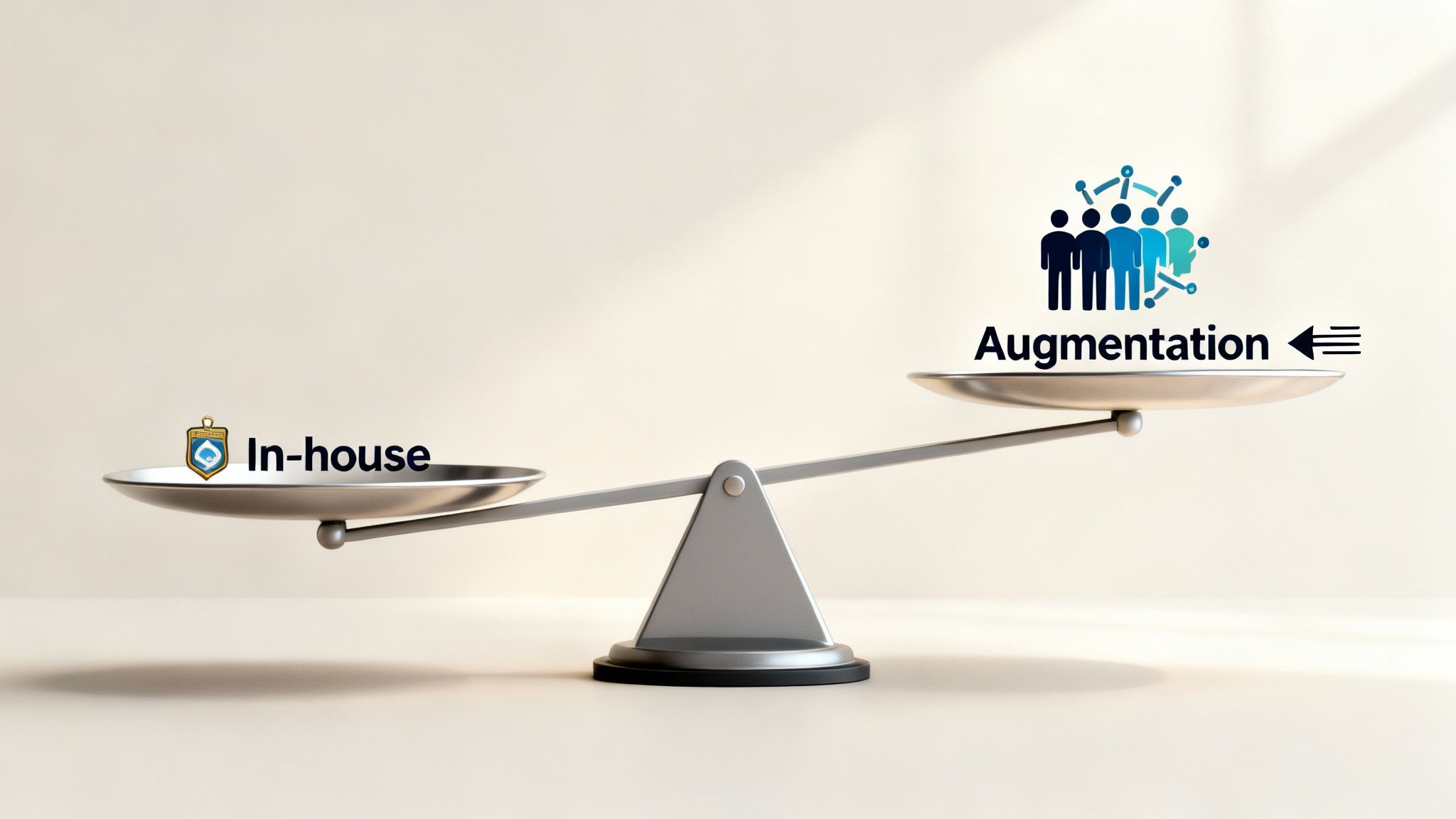 A balance scale showing 'In-house' as heavier on the left pan, compared to 'Augmentation' on the right.