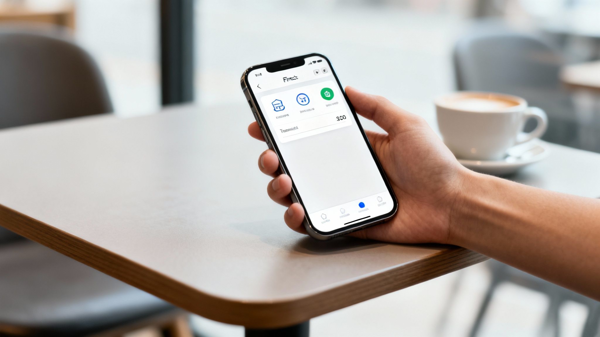A person holds an iPhone displaying a Finzz app interface with icons and text at a cafe table.