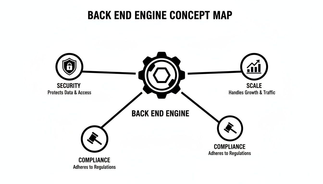 A concept map illustrating the core components of a back-end engine: security, scale, and compliance.