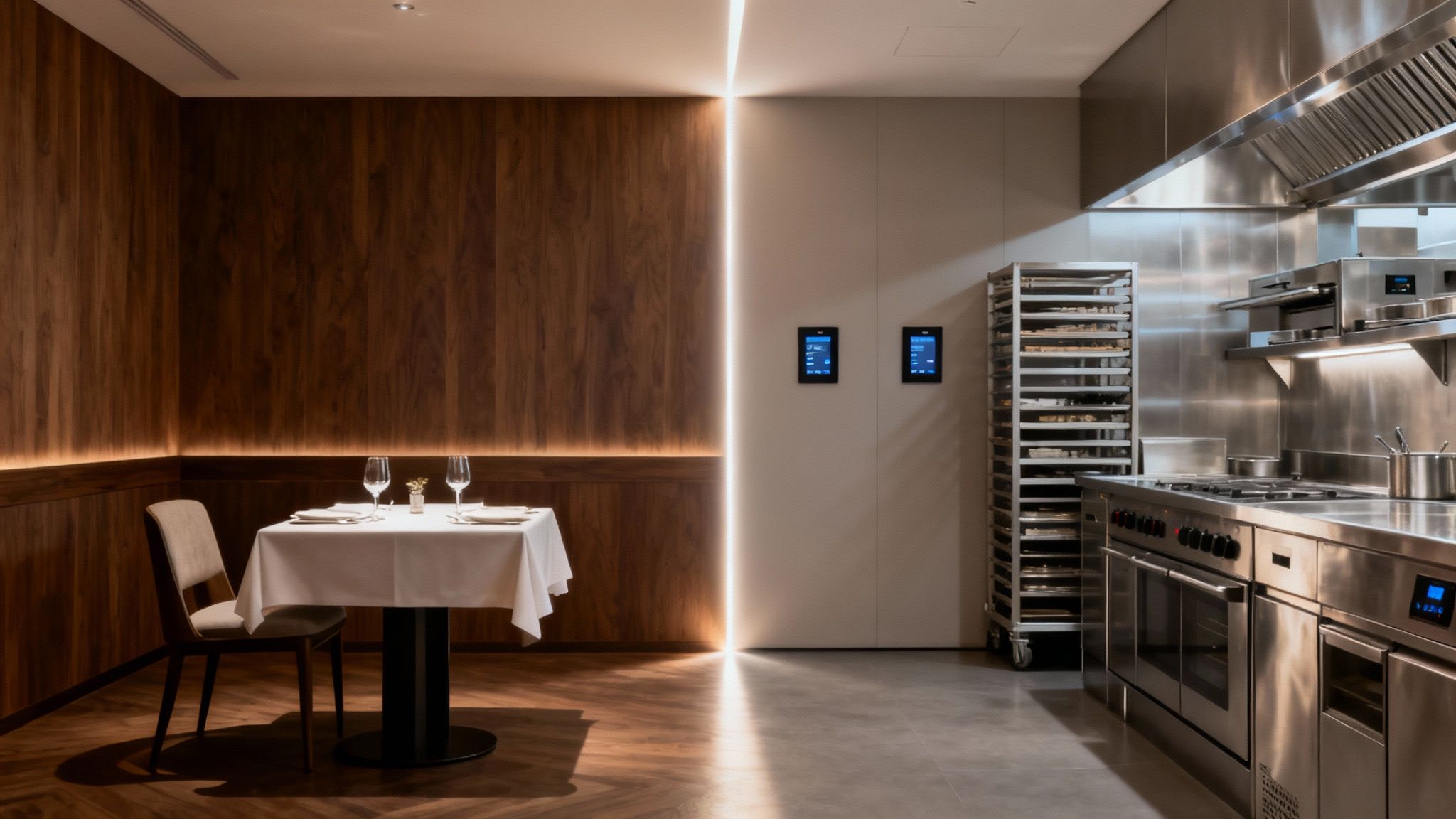 A modern restaurant seamlessly blends a warm, wood-paneled dining area with a sleek, stainless steel commercial kitchen.