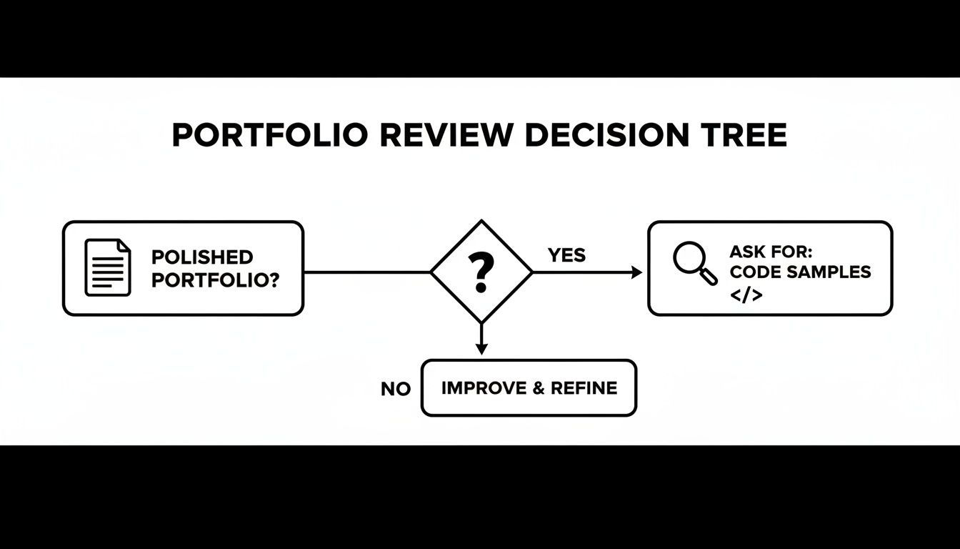 A flowchart titled 'Portfolio Review Decision Tree' showing steps to ask for code samples or improve a portfolio.
