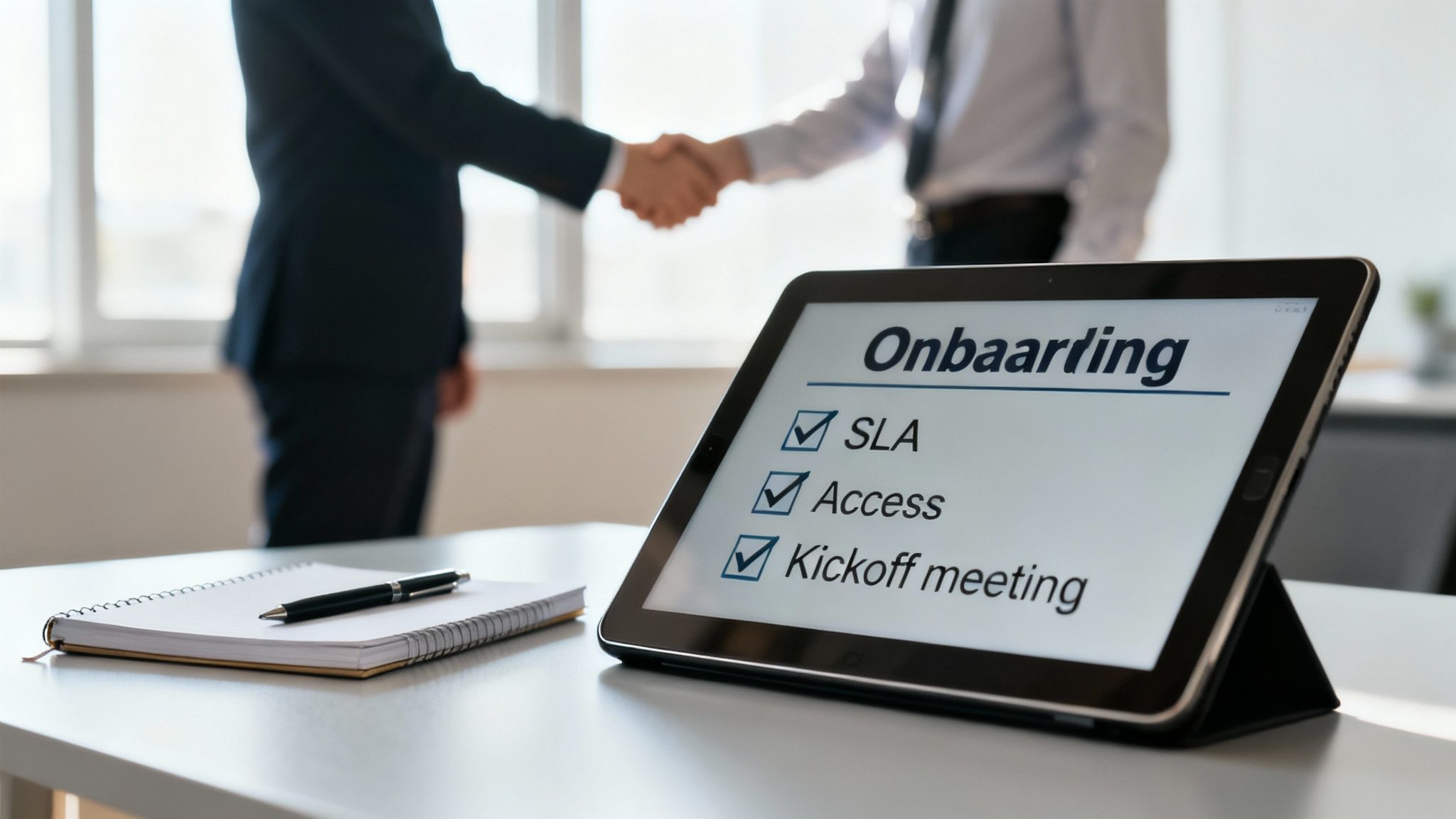 Business professionals shaking hands, with a tablet displaying an onboarding checklist on a desk.