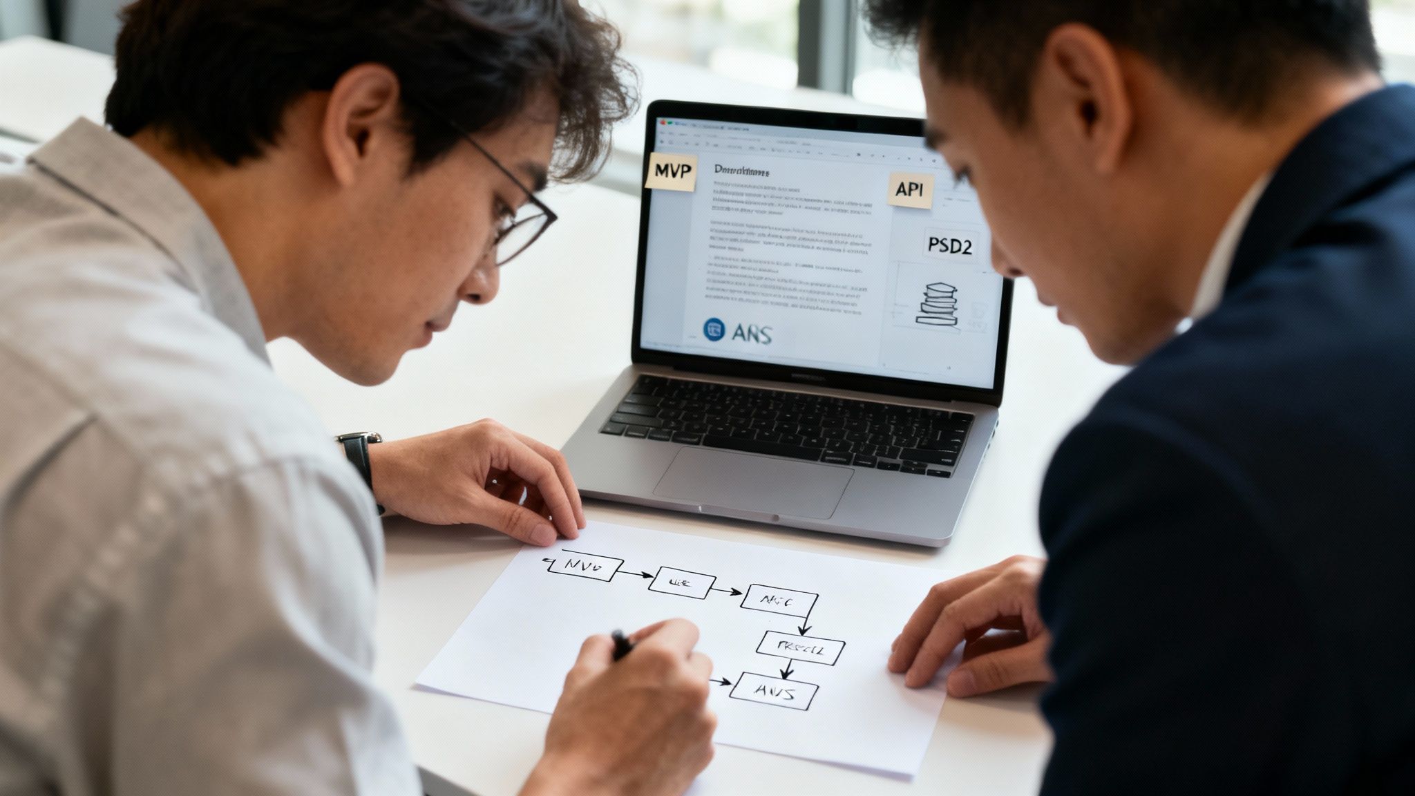 Two men collaborate on a web design flowchart while reviewing a laptop with tech terms.