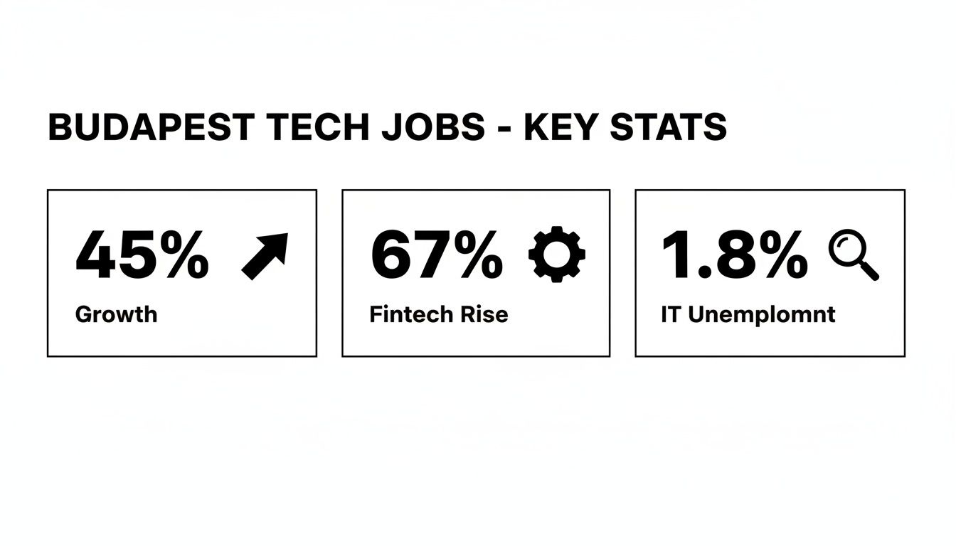 Key statistics on Budapest tech jobs showing 45% growth, 67% Fintech rise, and 1.8% IT unemployment.