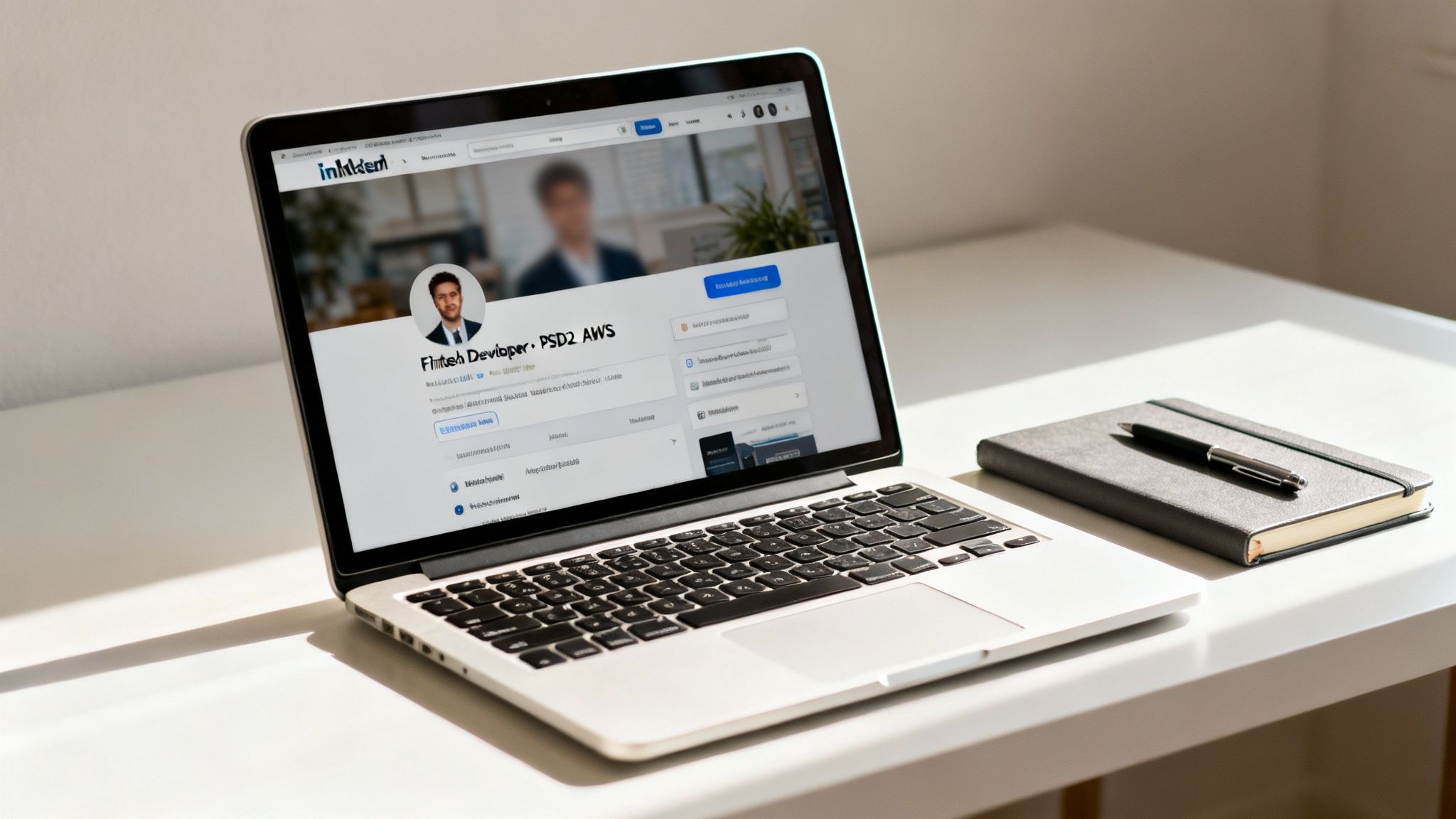 A laptop displaying a LinkedIn-like profile with a man's photo, next to a notebook and pen on a white desk.