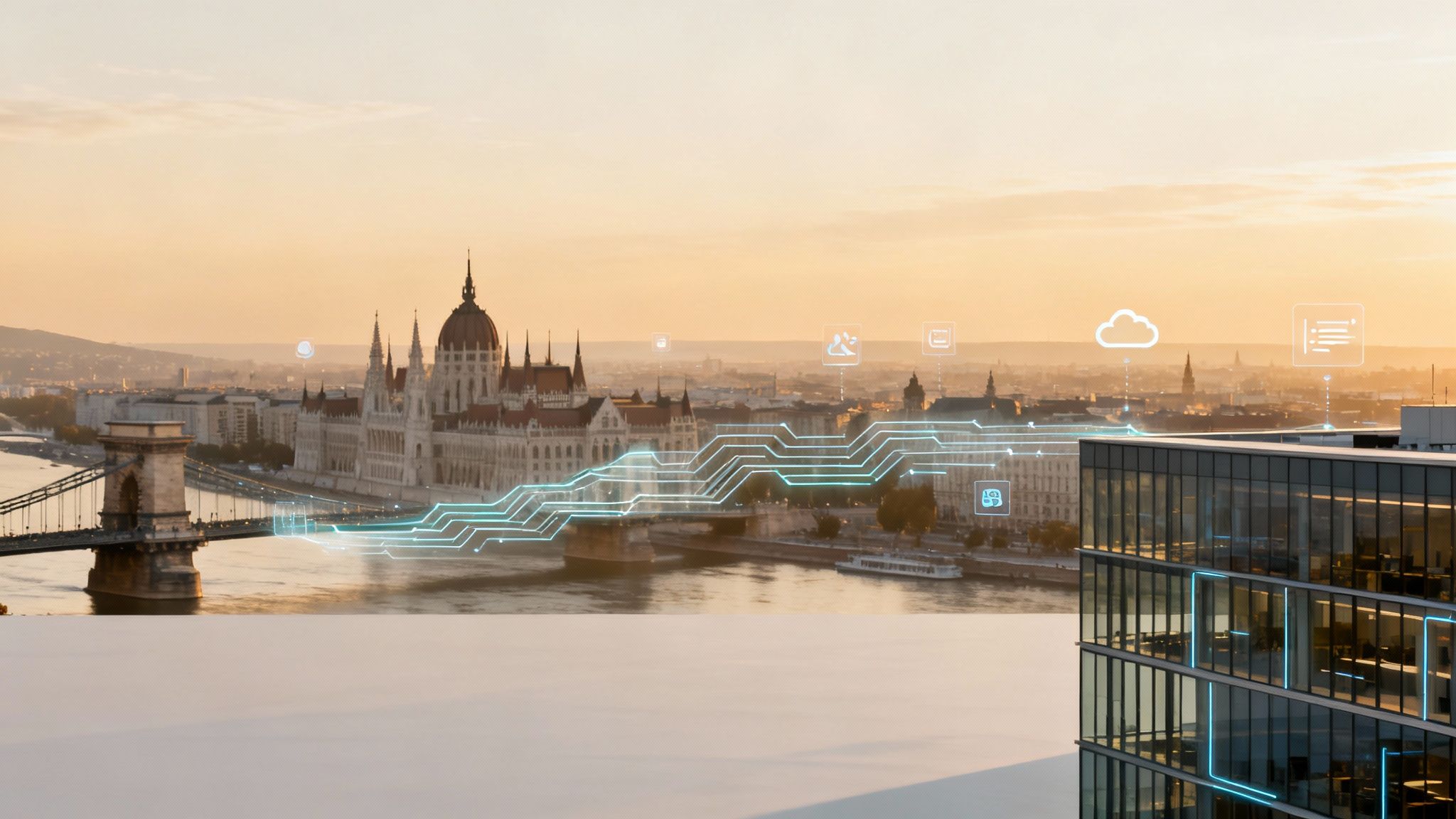 Panoramic view of Budapest featuring the Parliament, Chain Bridge, and technological overlays at sunset.