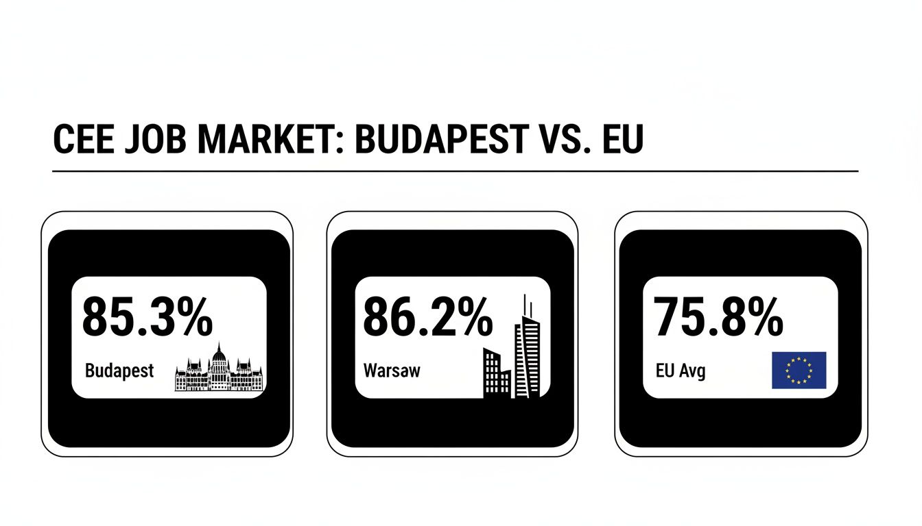 A bar chart comparing CEE job market percentages for Budapest (85.3%), Warsaw (86.2%), and the EU average (75.8%).