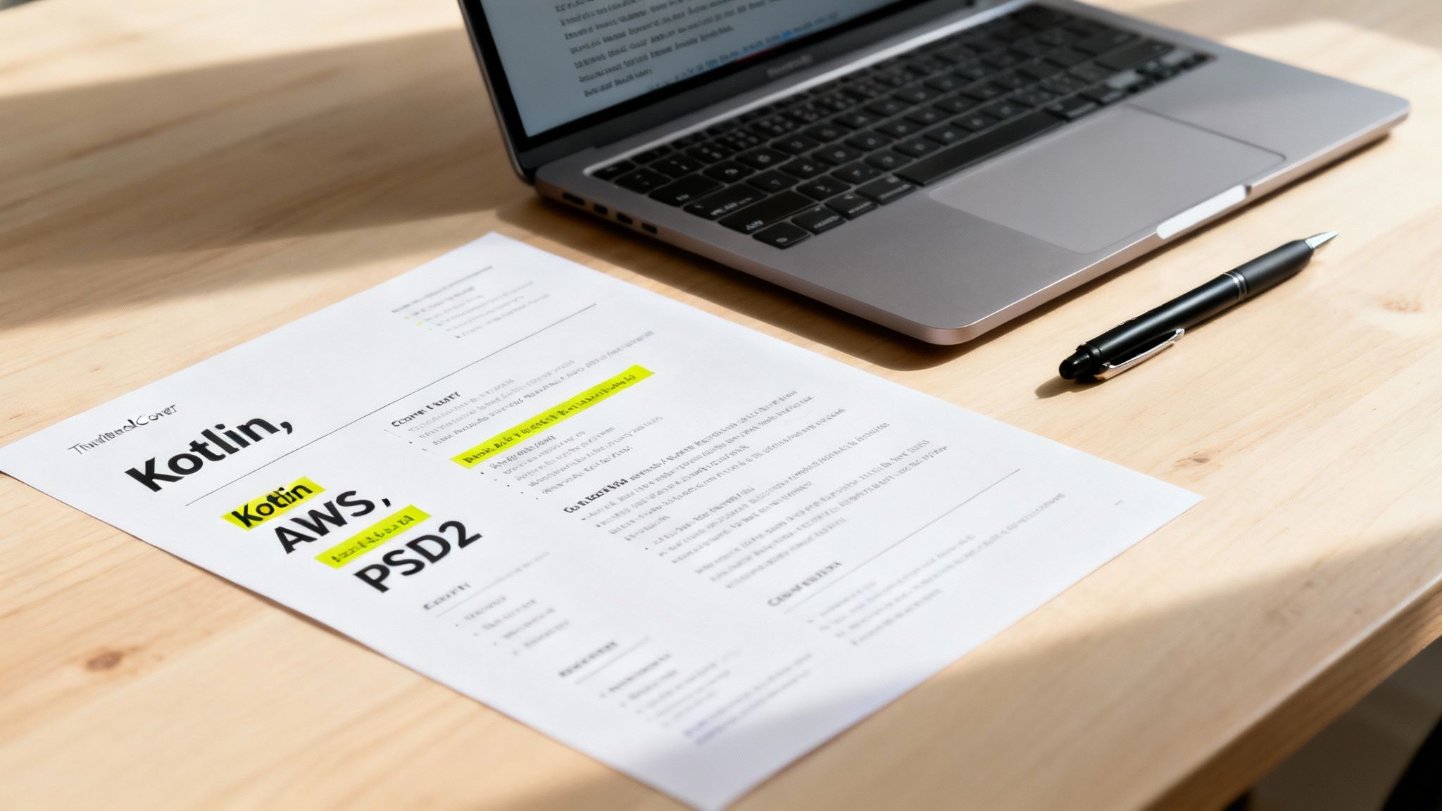 Close-up of a desk with a laptop, a document featuring 'Kotlin AWS PSD2', and a black pen.