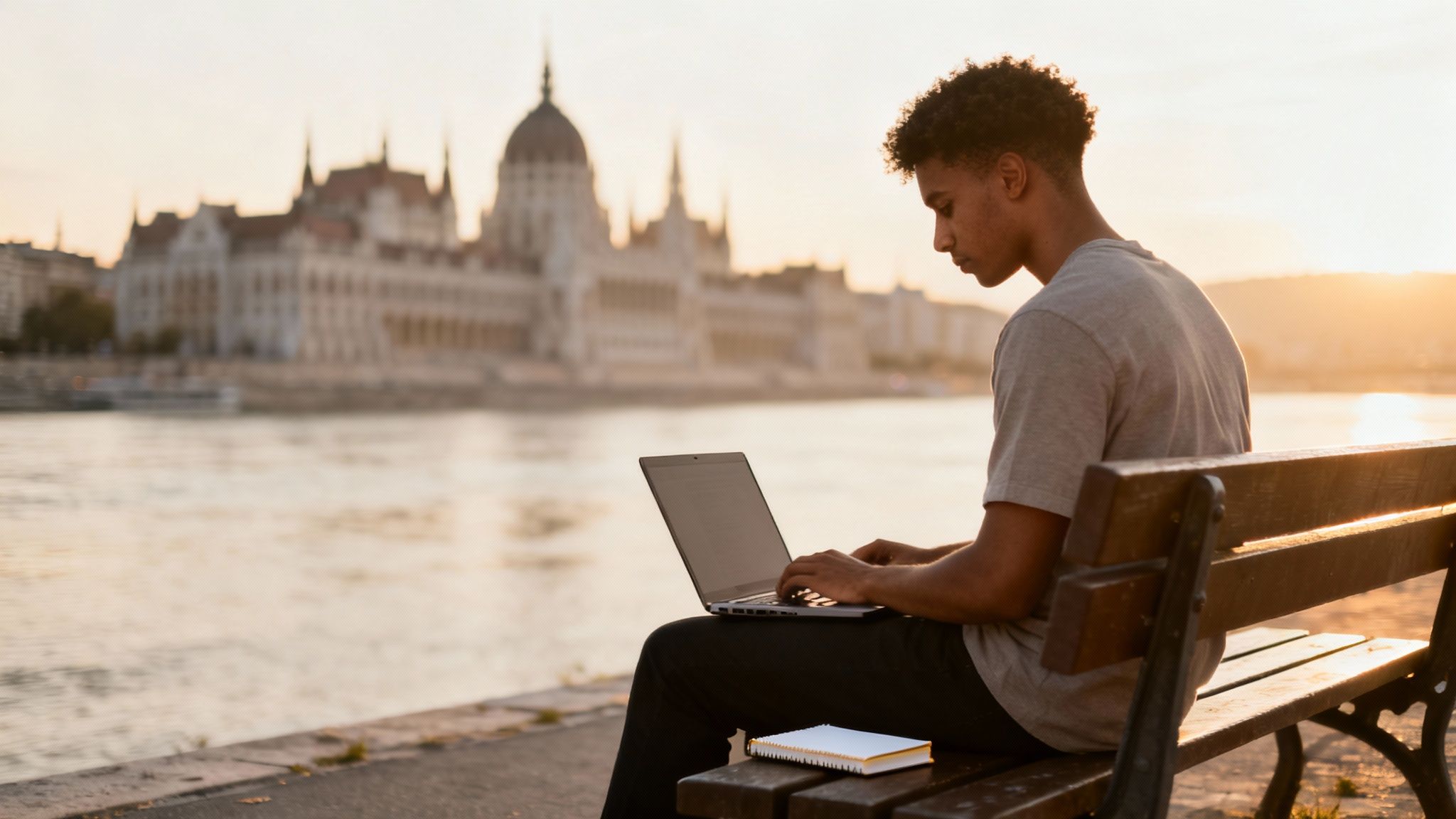 Young man works on laptop on a bench by Budapest river, with Parliament Building at sunset.