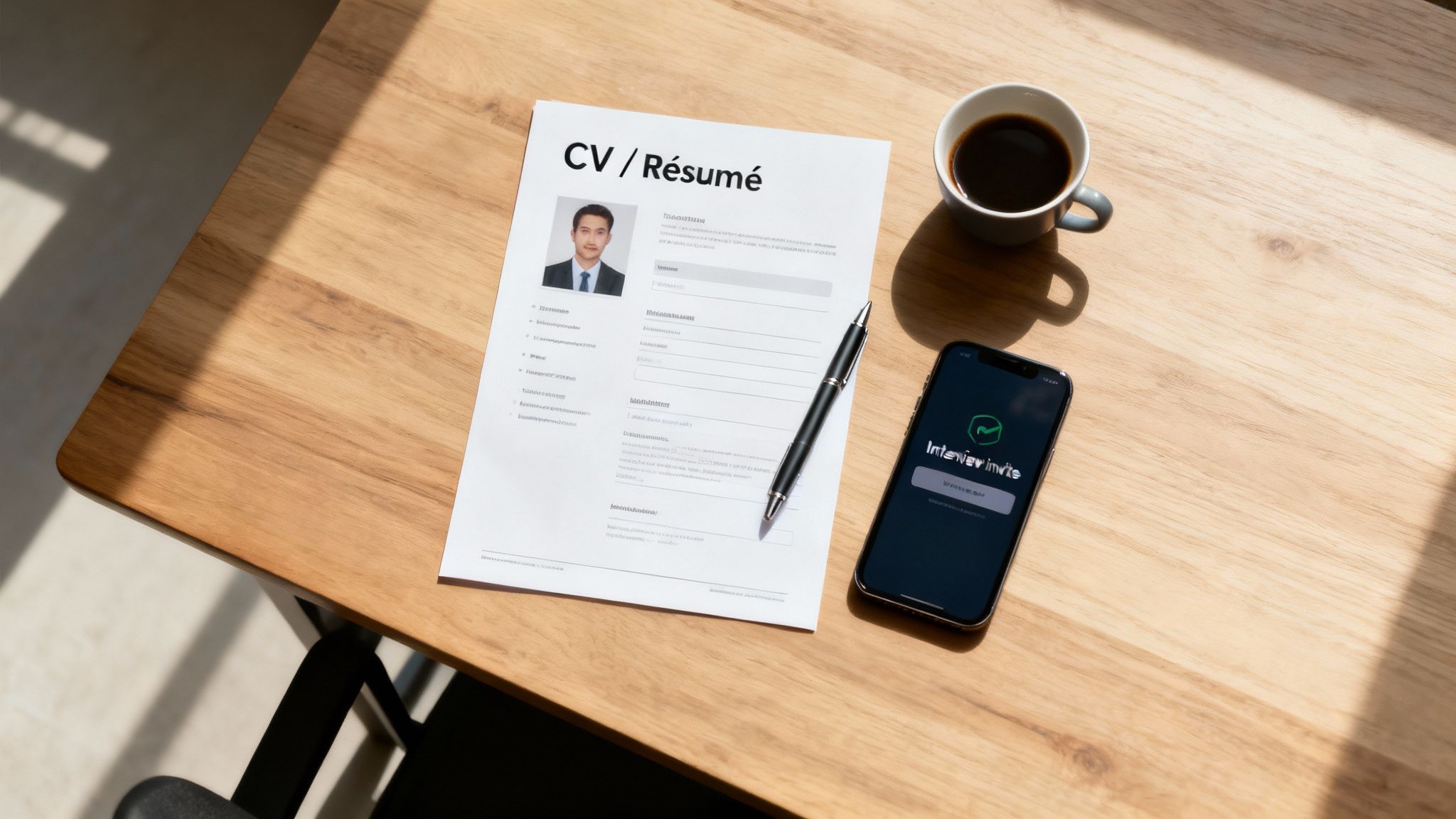 Professional desk with a CV, coffee, pen, and smartphone displaying a job app.