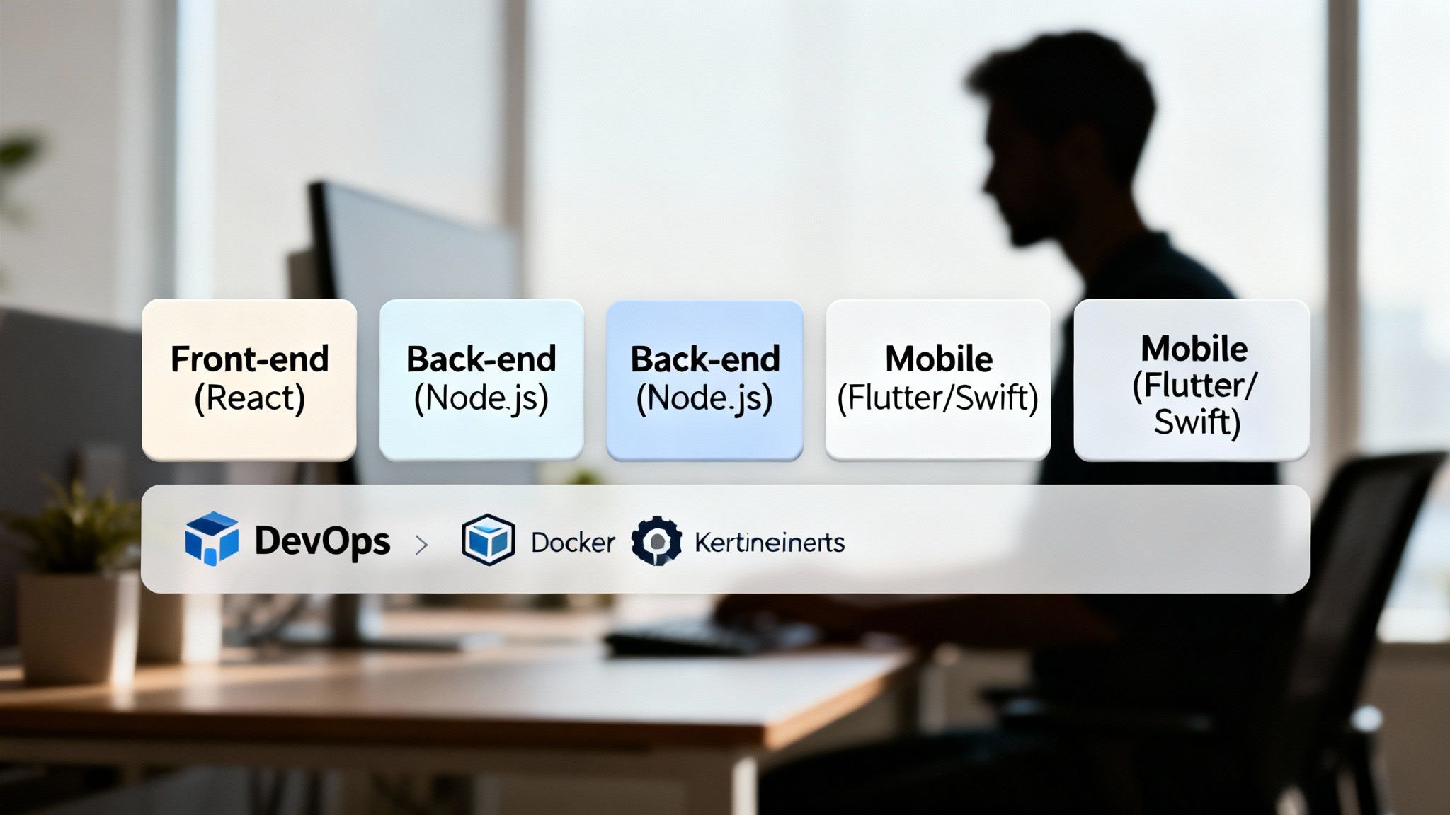 A diagram showcasing a full software development tech stack with front-end, back-end, mobile, and DevOps tools.
