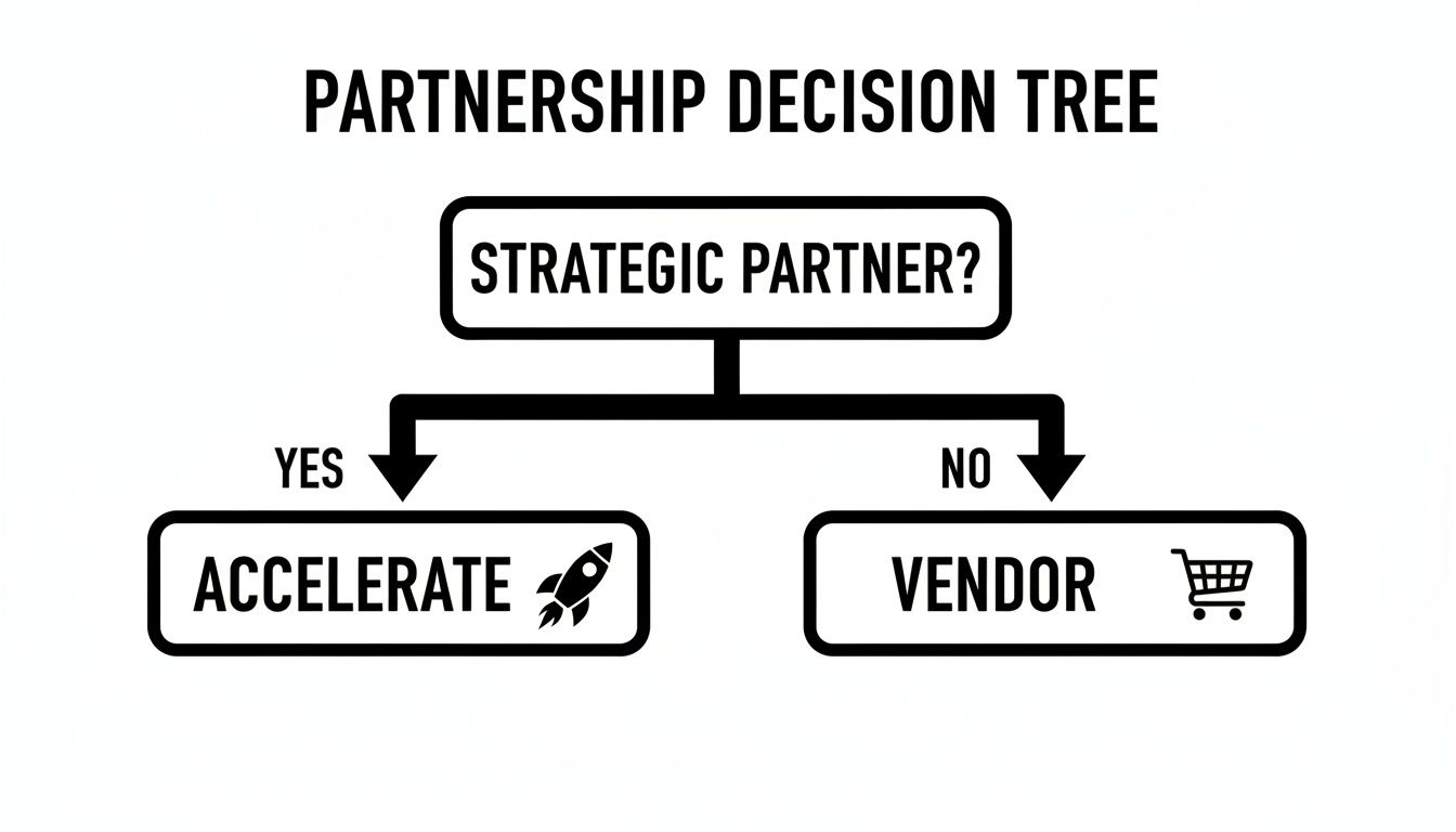 A partnership decision tree flowchart asking if a partner is strategic, leading to accelerate or vendor.