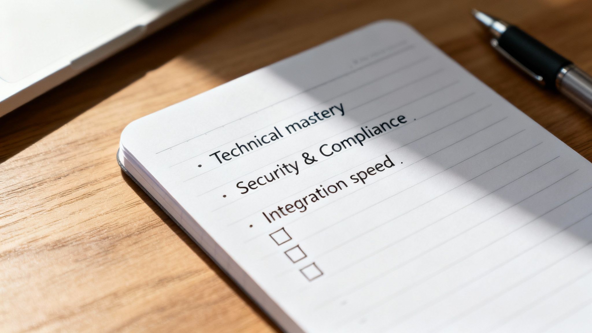 A notebook on a wooden desk lists IT business priorities like 'Technical mastery' and 'Security & Compliance'.