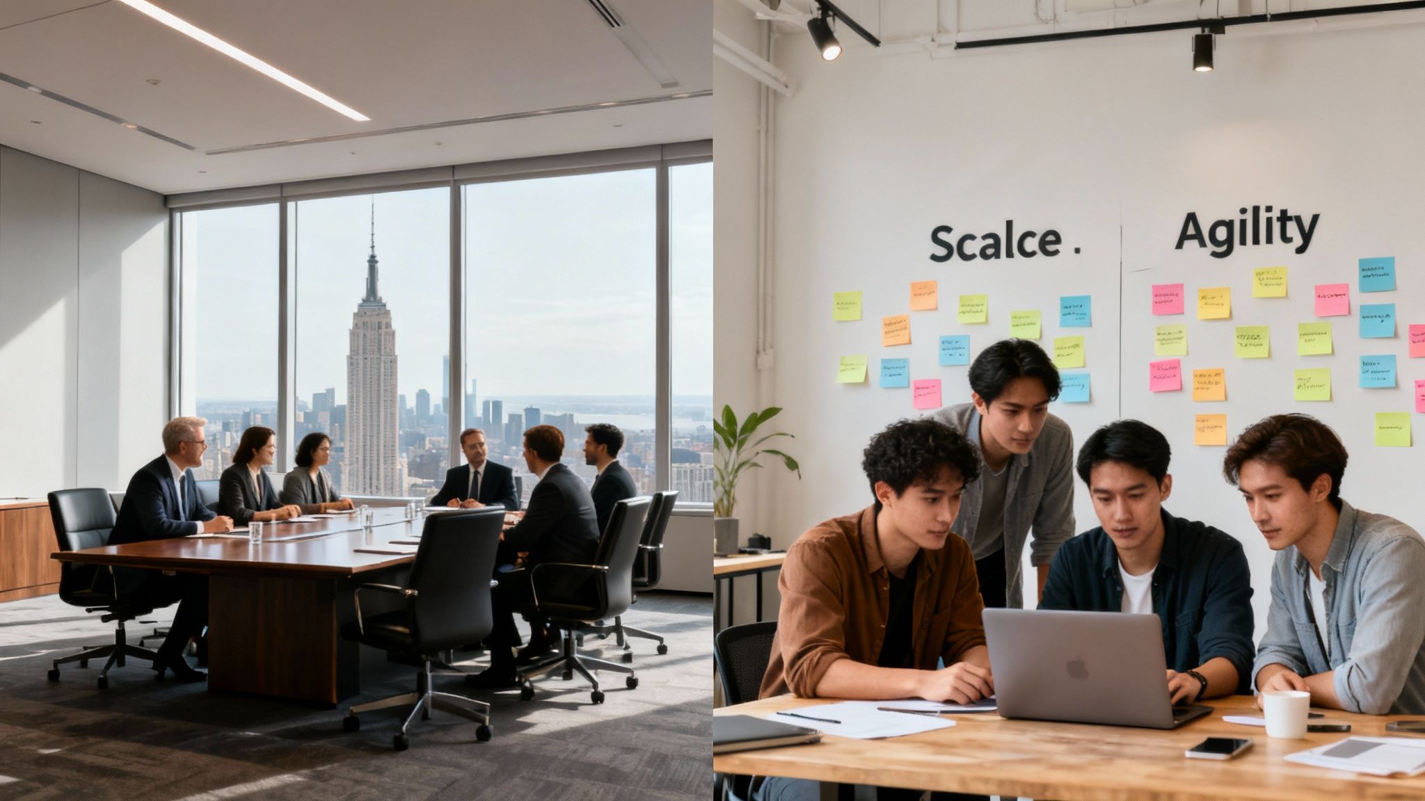 Two contrasting office scenes: a traditional boardroom meeting with a city view and a modern agile team collaborating around a laptop.