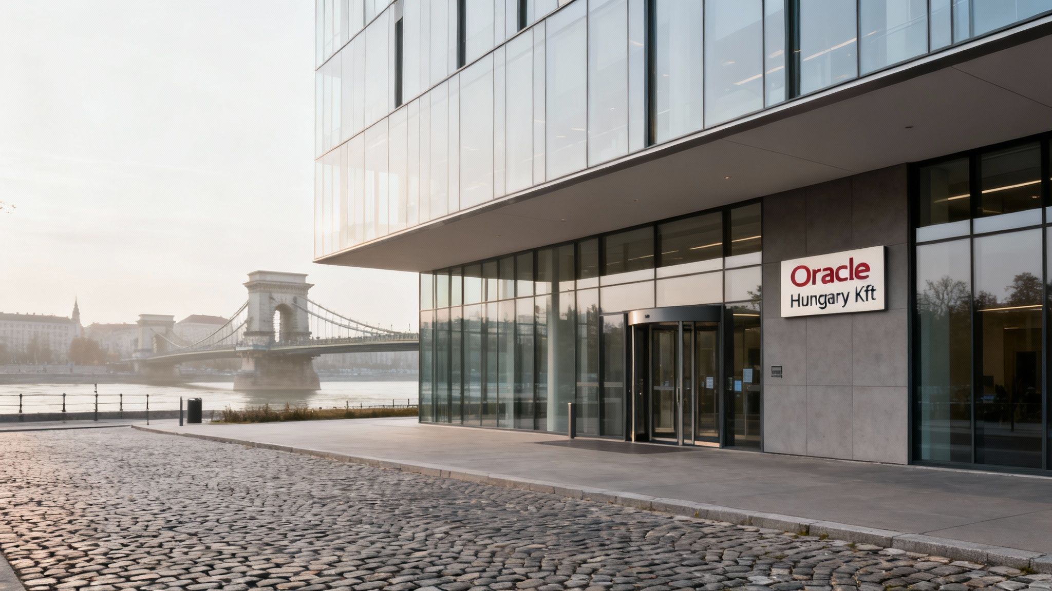 Modern glass building entrance of Oracle Hungary Kft with the historic Chain Bridge in Budapest in the background.