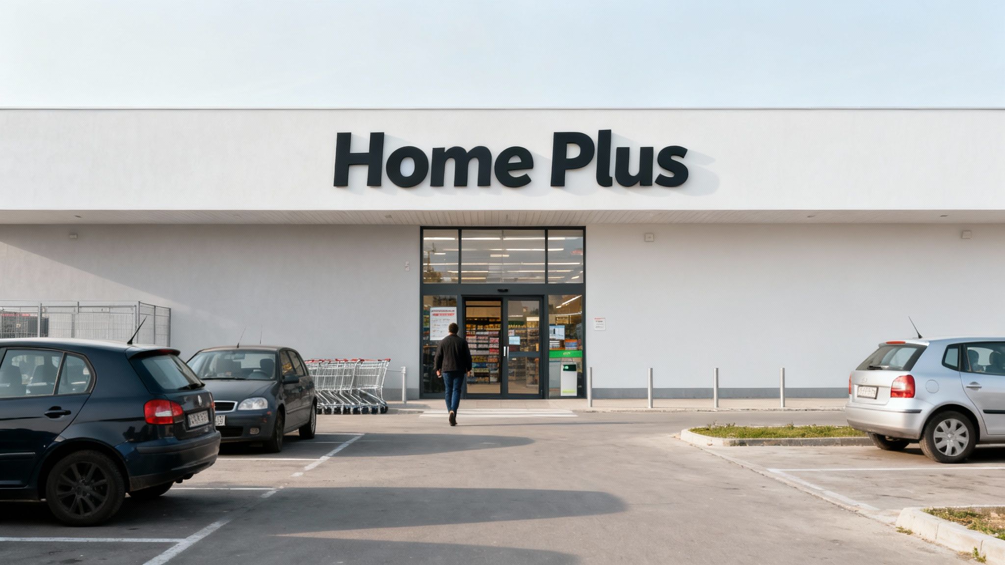 Exterior of Home Plus store with a man walking to the entrance, cars parked, and shopping carts.