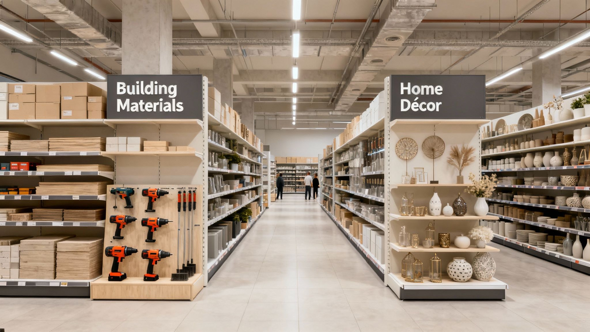 A wide shot of a retail store aisle with 'Building Materials' and 'Home Décor' sections, with customers in the background.