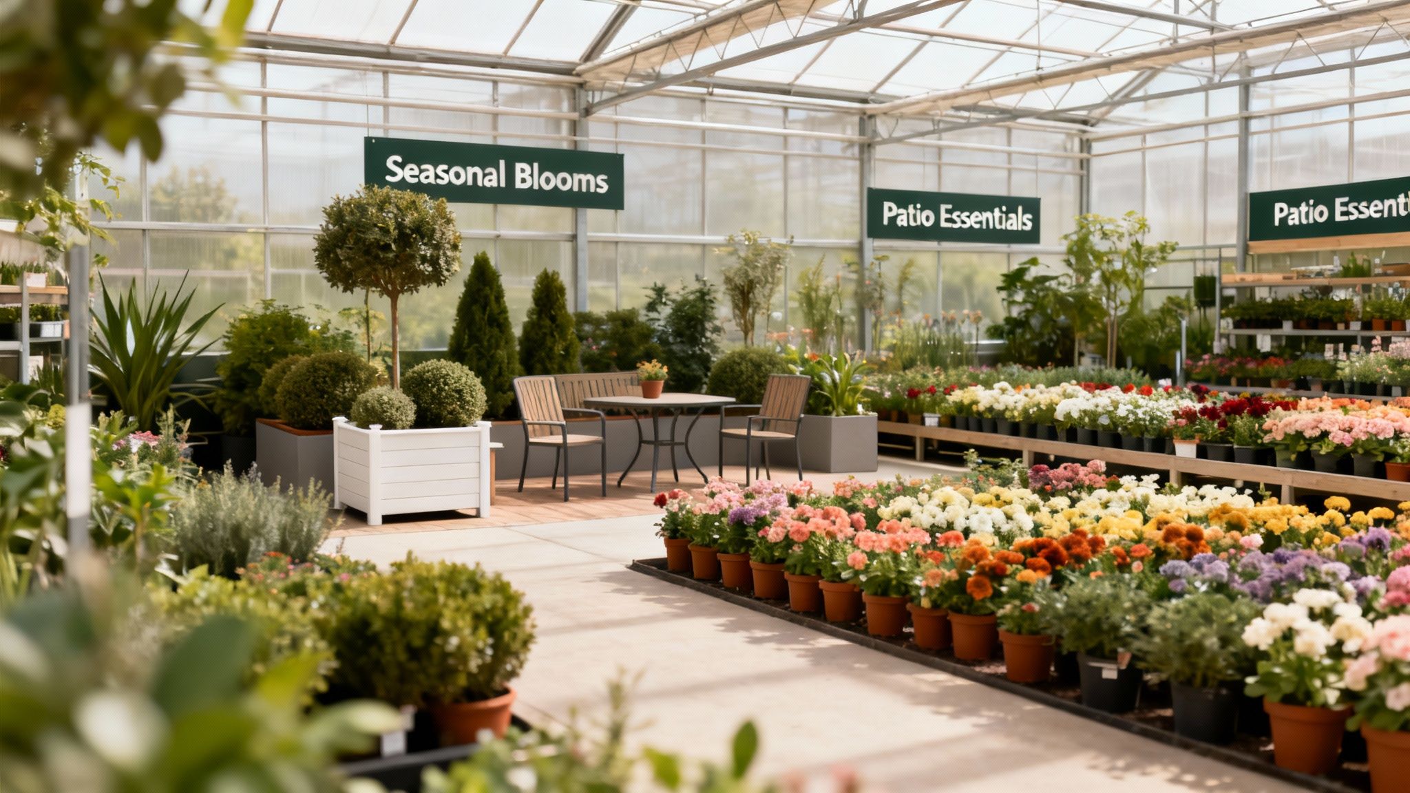 A well-lit garden center featuring colorful potted flowers, various plants, and a display of patio furniture.
