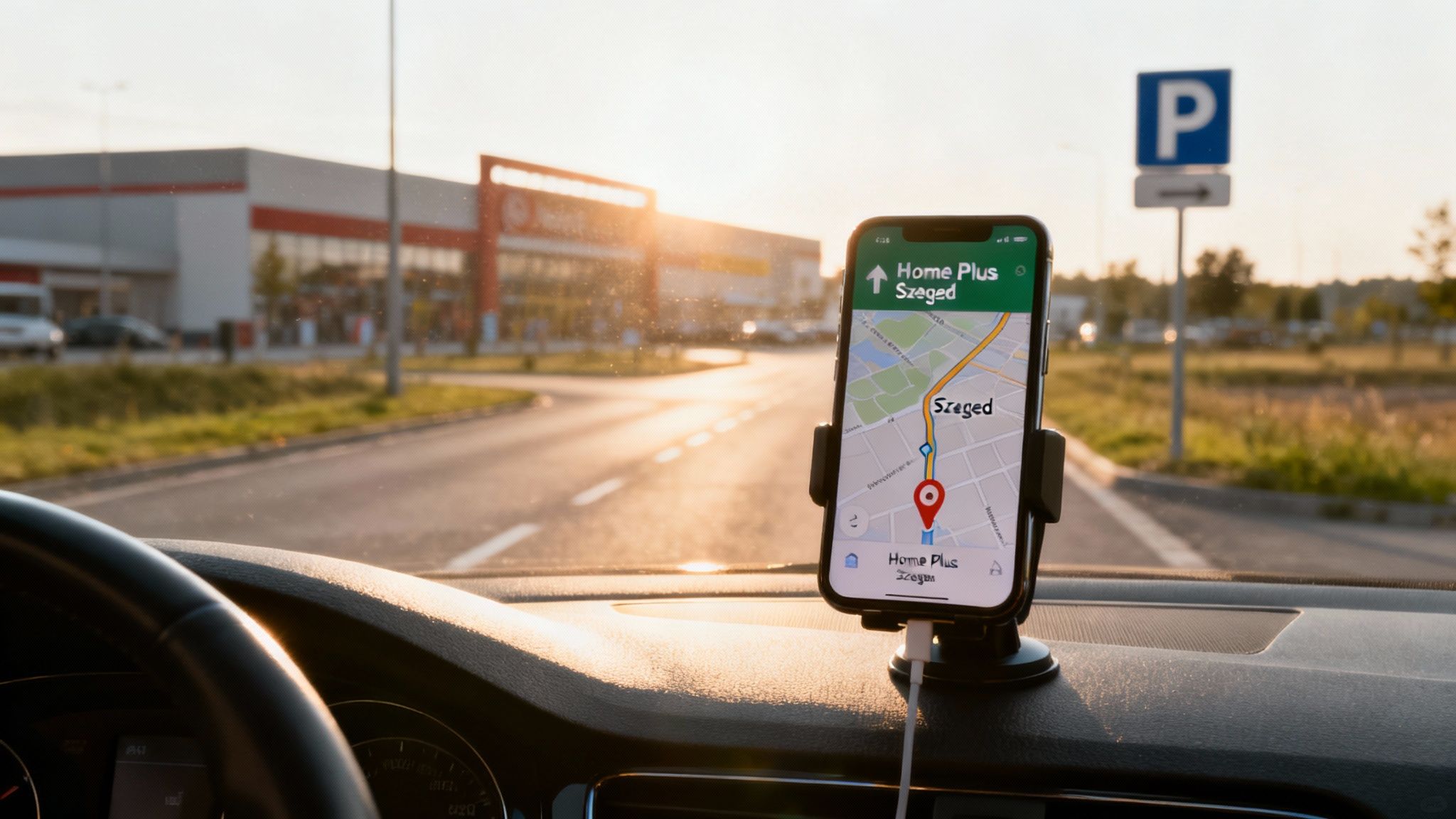 A smartphone in a car shows navigation to Home Plus Szeged, with a store and sunset in the background.