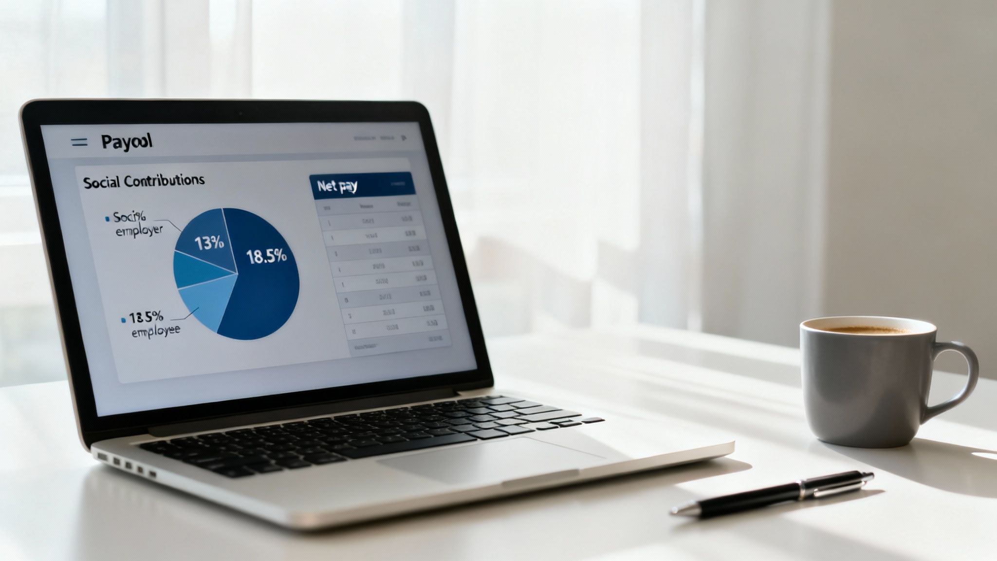 A laptop displays a payroll dashboard with social contributions pie chart and net pay table on a white desk.