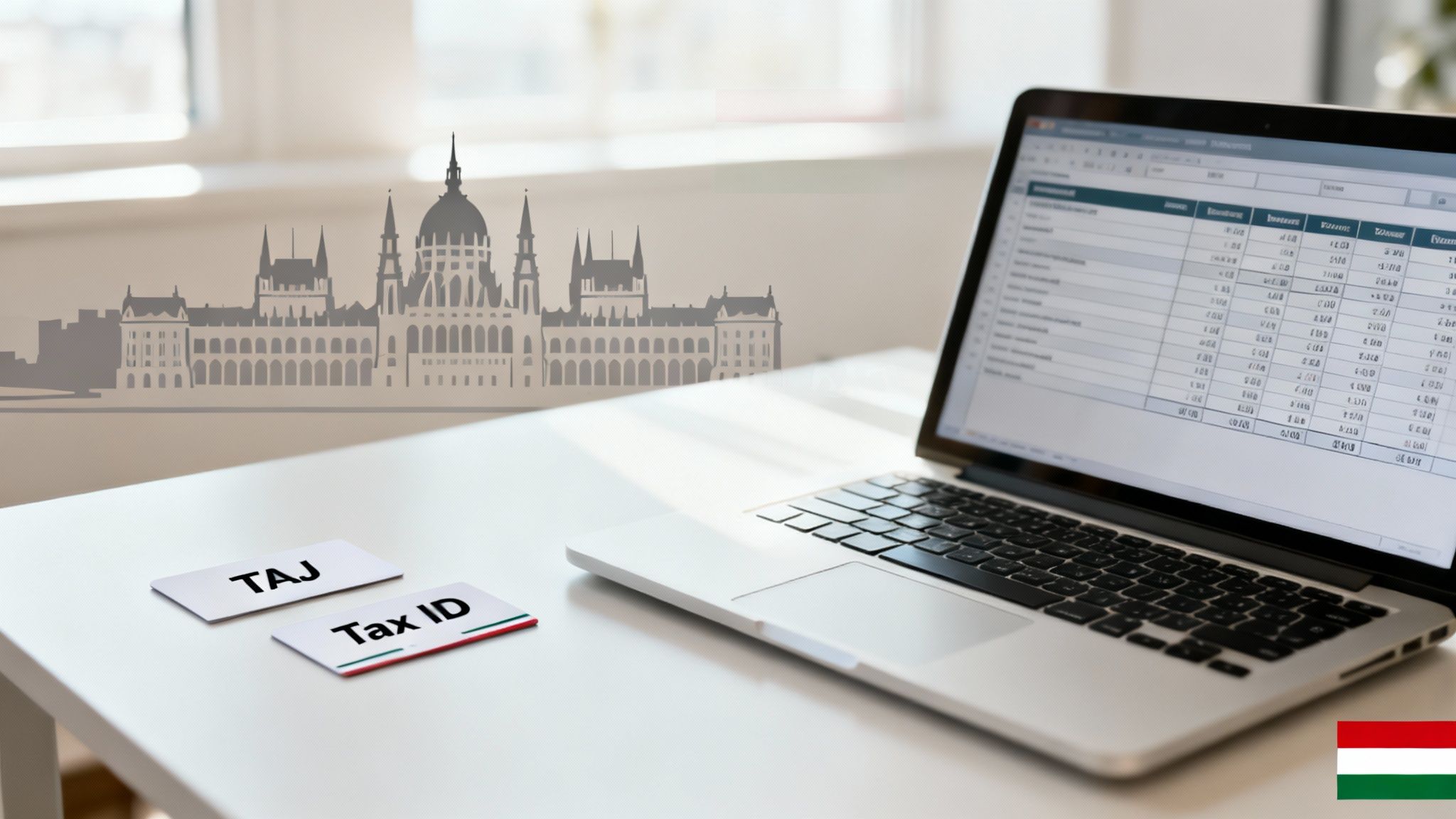 Laptop on a desk with TAJ and Tax ID cards, Hungarian Parliament silhouette, and flag.