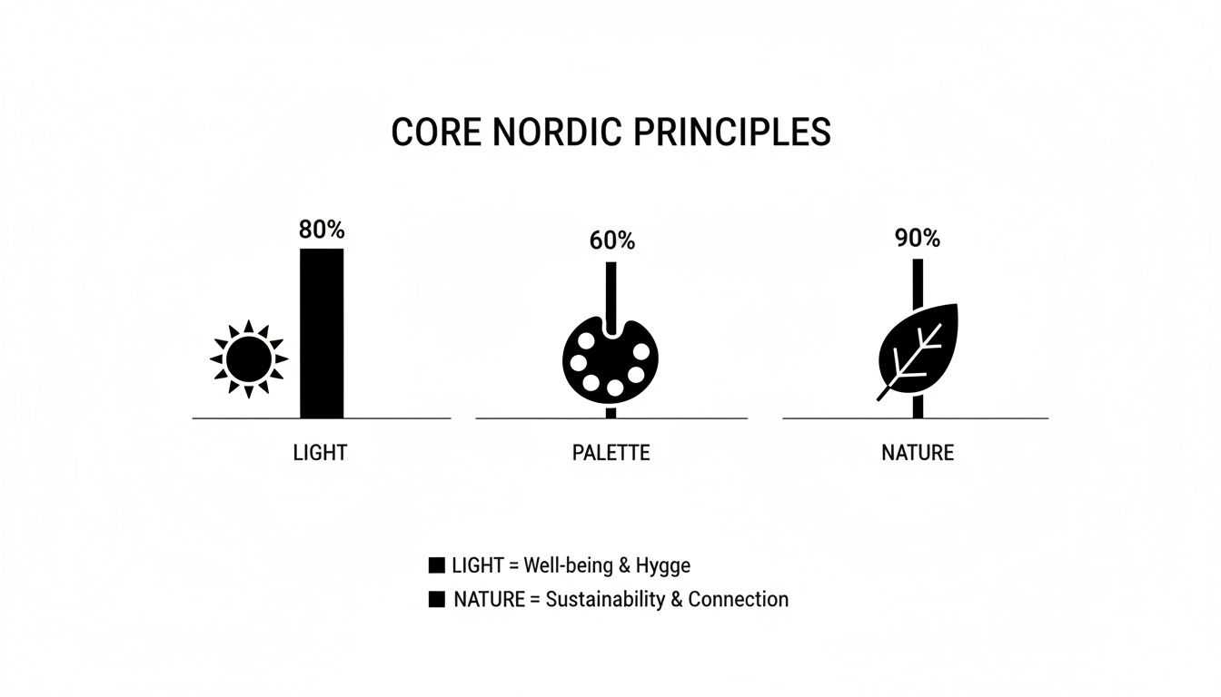Infographic illustrating core Nordic principles: light (80%), palette (60%), and nature (90%).