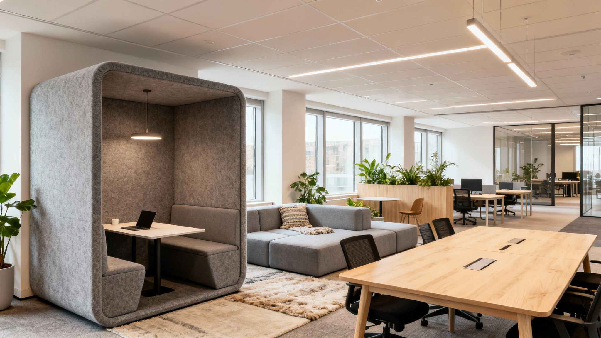 Bright open-plan office featuring a soundproof pod, modular seating, and ample natural light.