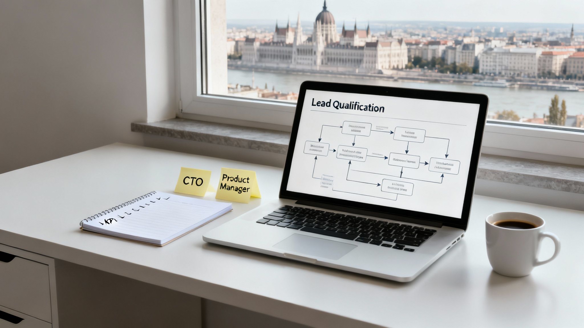 A laptop displaying a 'Lead Qualification' flowchart, sticky notes, and a coffee cup on a desk overlooking a cityscape.