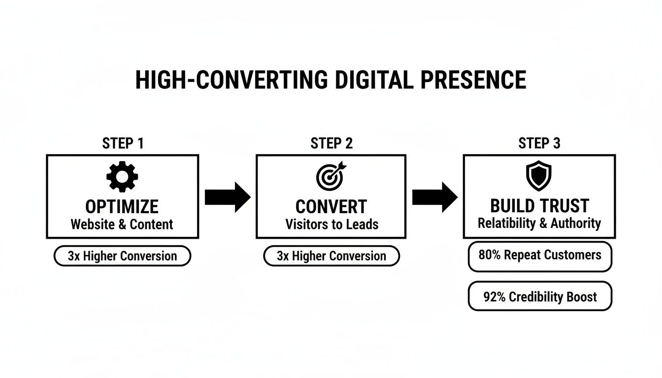 Diagram showing a three-step process for a high-converting digital presence, including optimization, conversion, and trust-building.