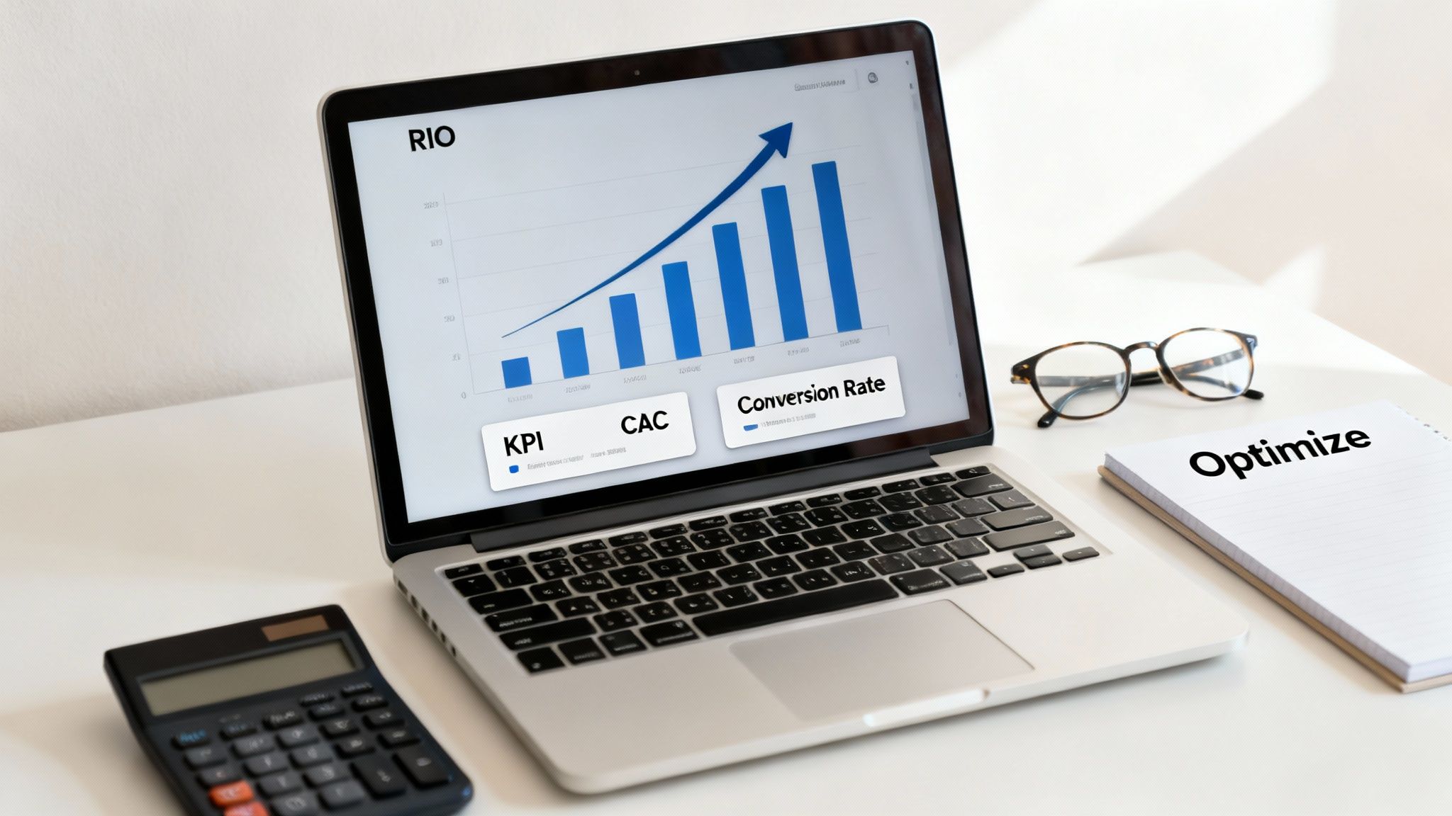 A laptop displays a business growth chart with KPI, CAC, and Conversion Rate metrics, with a calculator and 'Optimize' notebook.