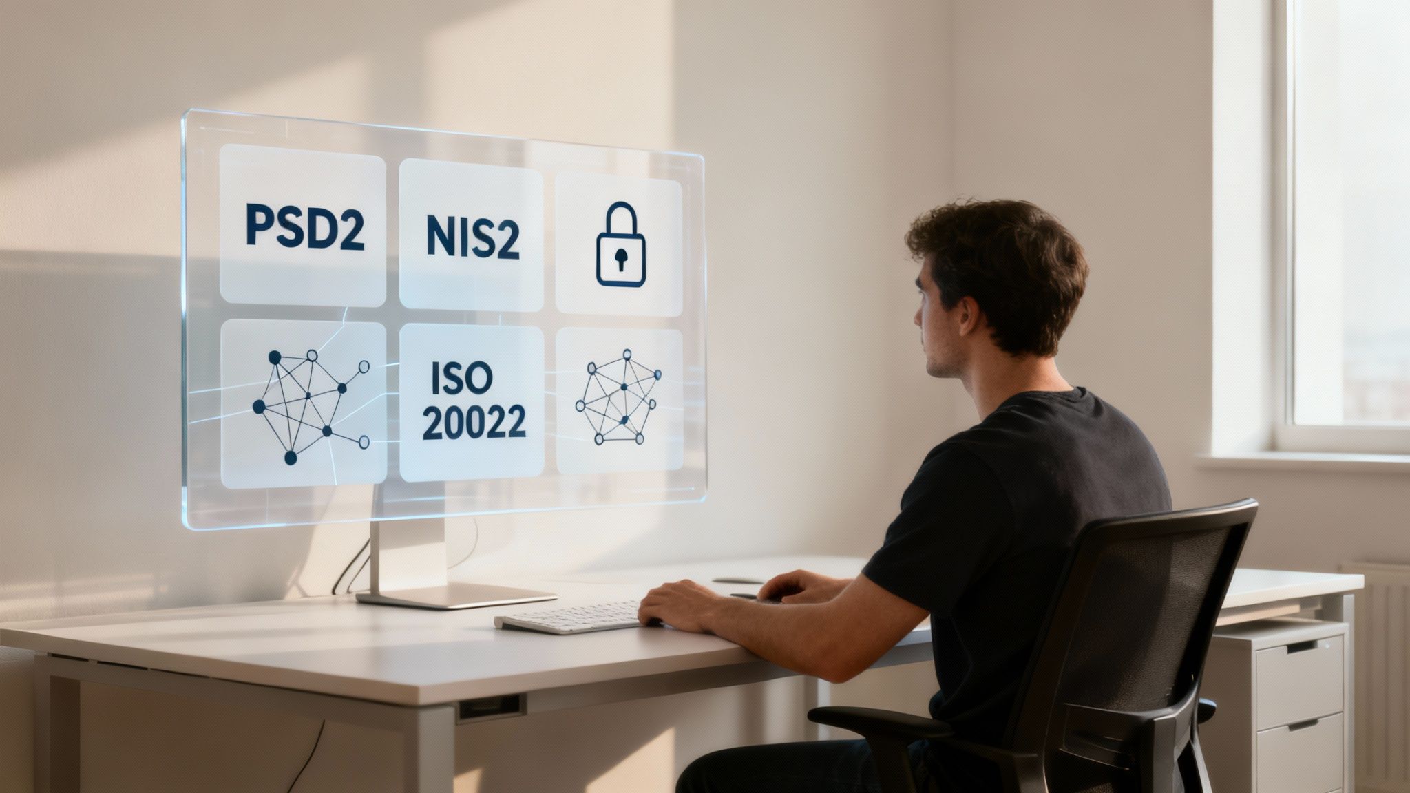 A man at a desk views a holographic screen displaying PSD2, NIS2, and ISO 20022 regulations and cybersecurity.