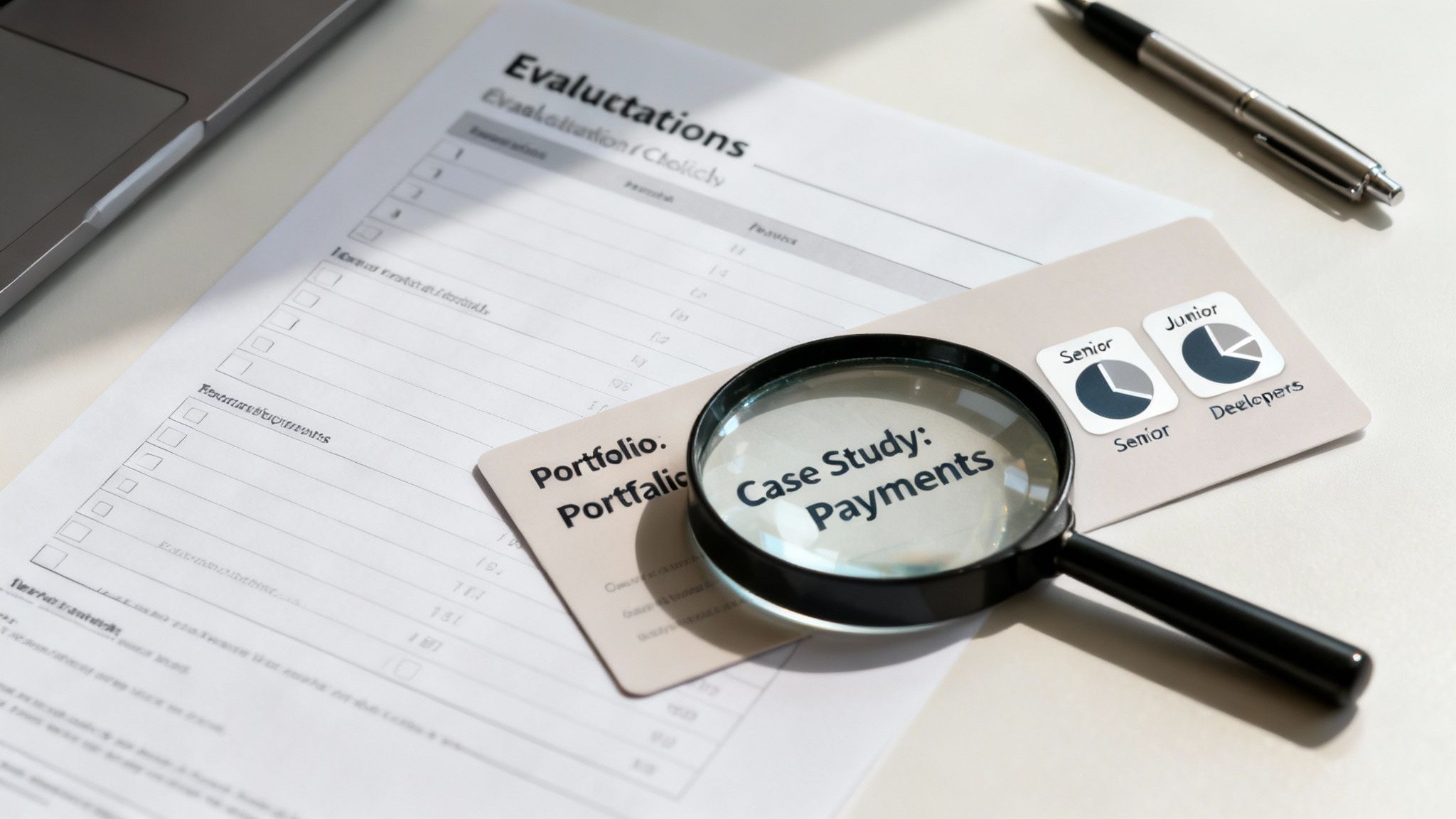 Magnifying glass over a 'Case Study: Payments' document and evaluation papers on a desk.