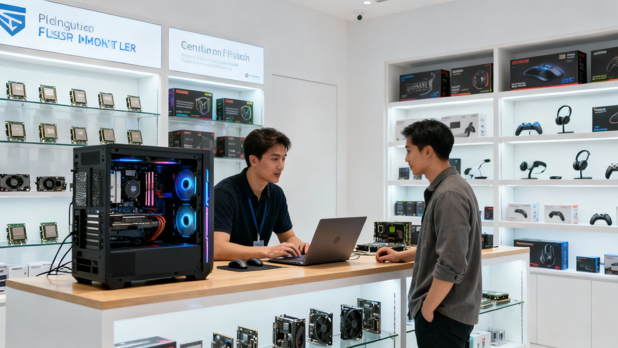 Store employee helps a customer choose PC components in a modern electronics shop.