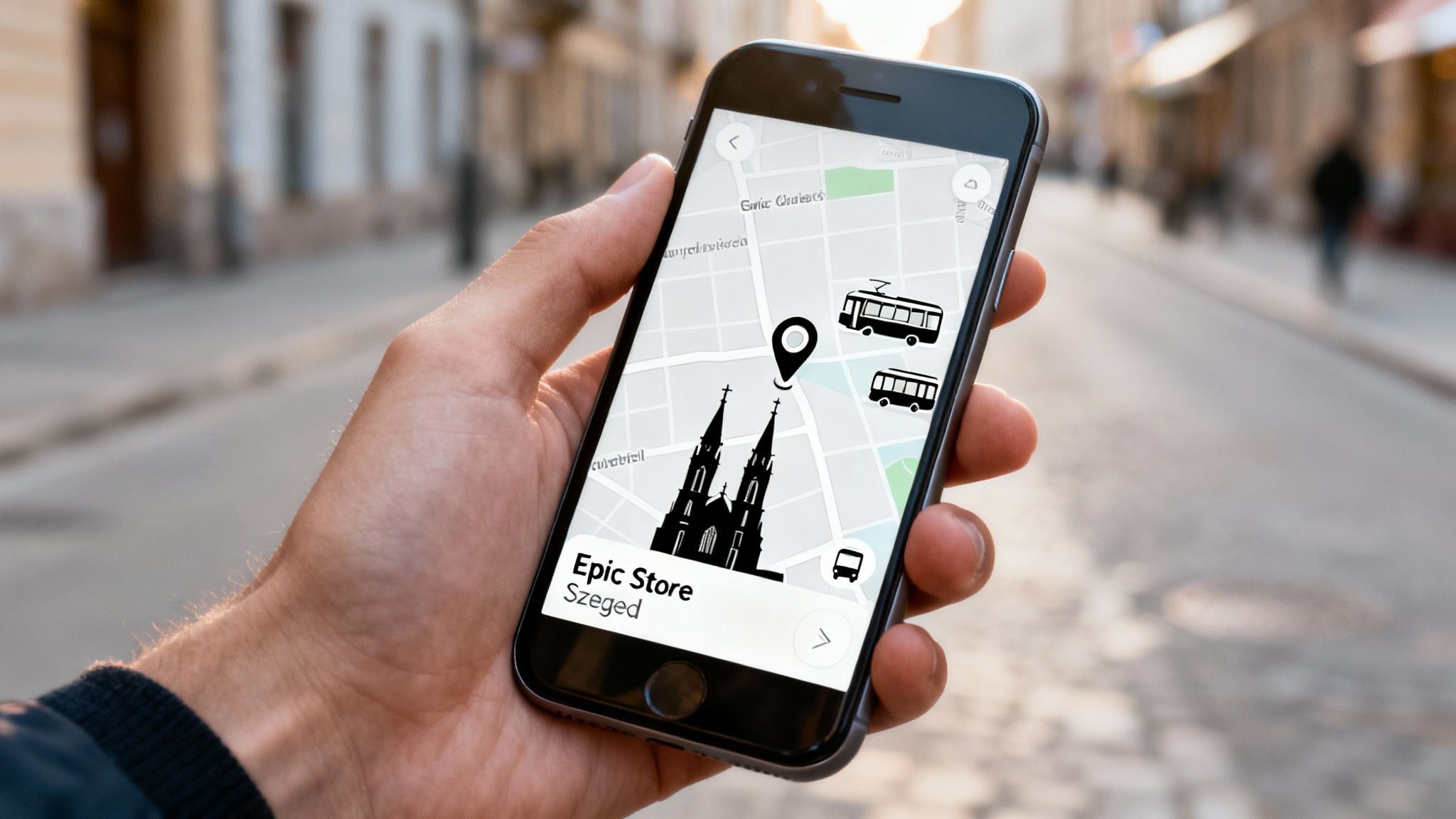 A hand holds a smartphone displaying a map application showing the Epic Store in Szeged with transport icons.