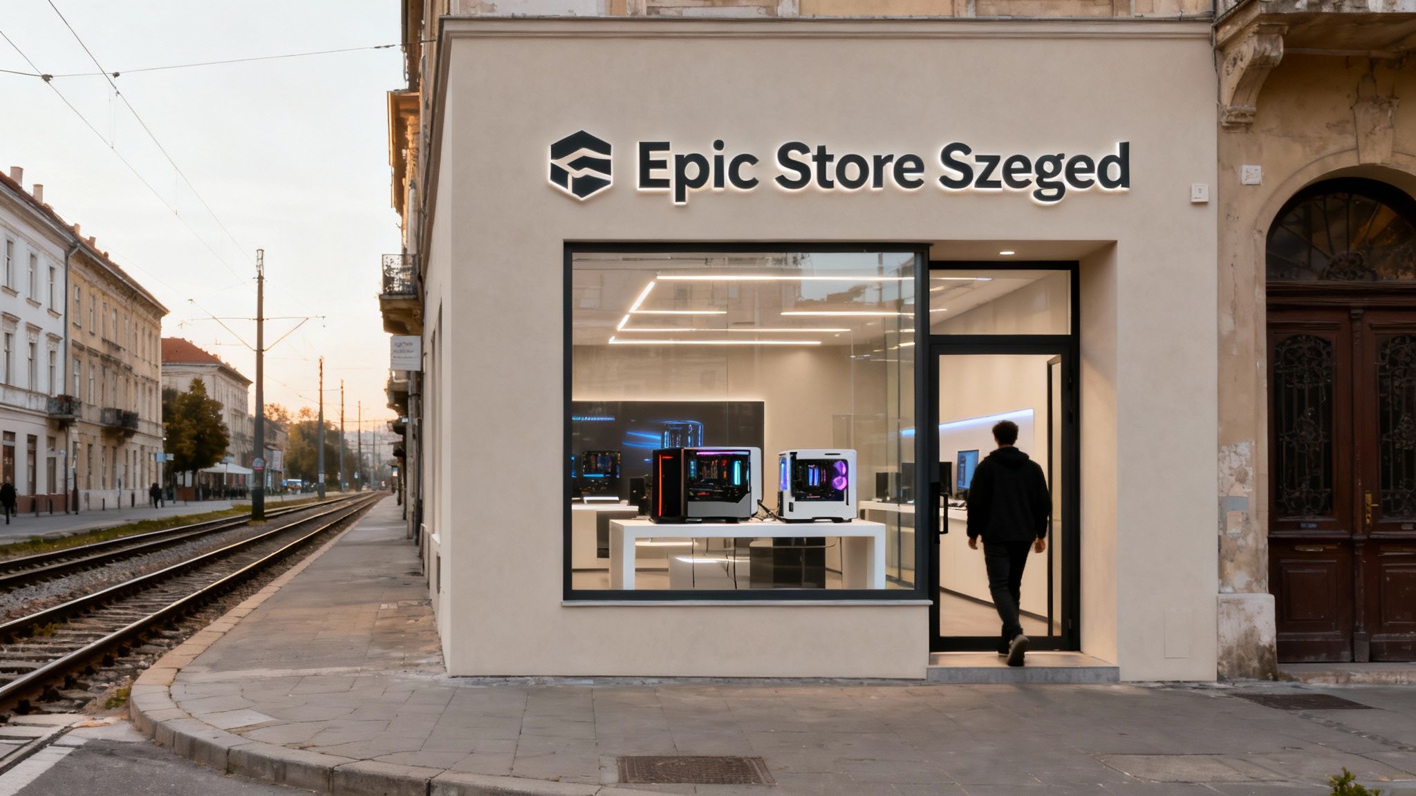 Exterior of Epic Store Szeged, showcasing gaming PCs in its bright display window, with a person entering.