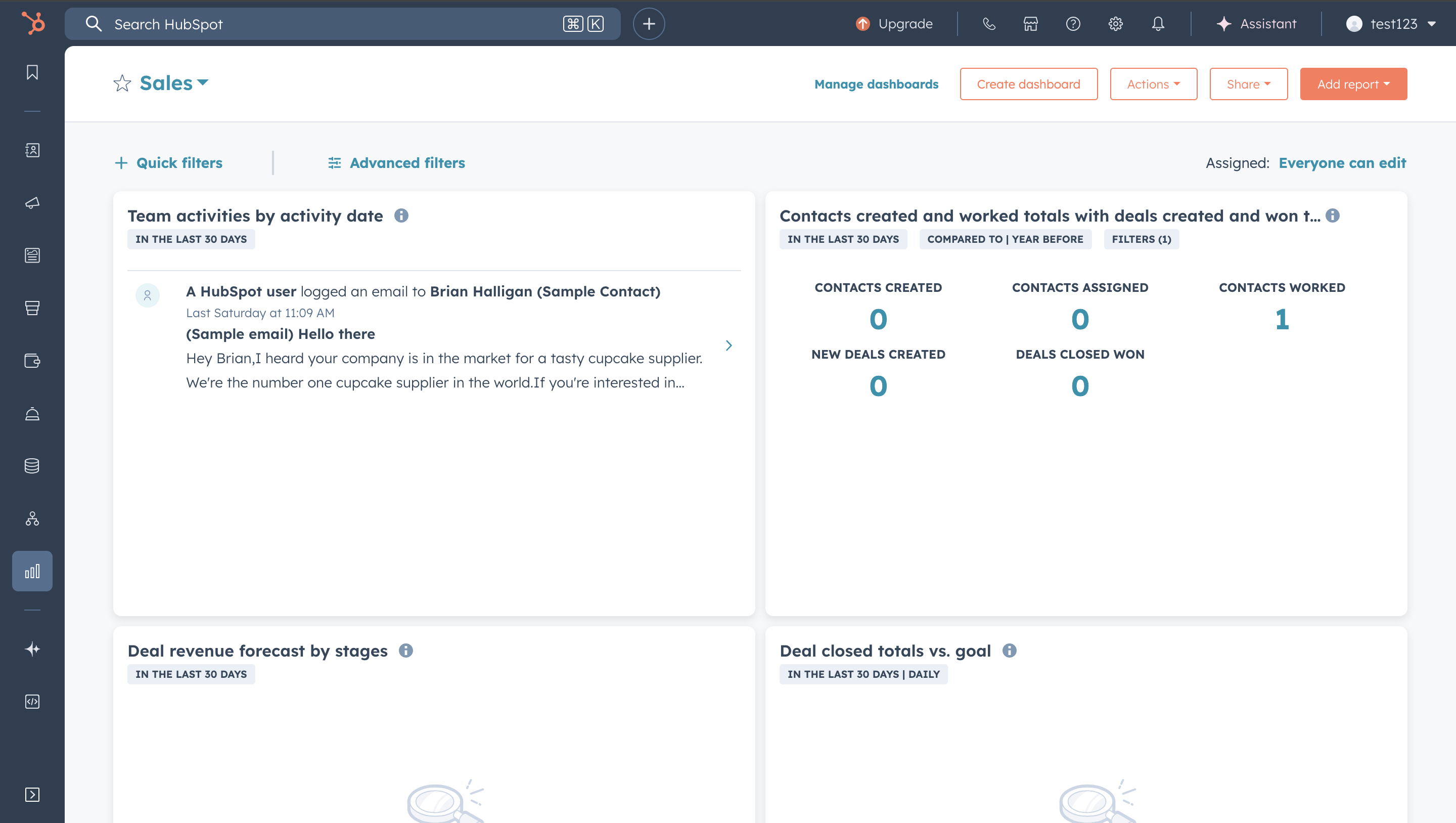 HubSpot's free CRM dashboard with the main interface and navigation menu